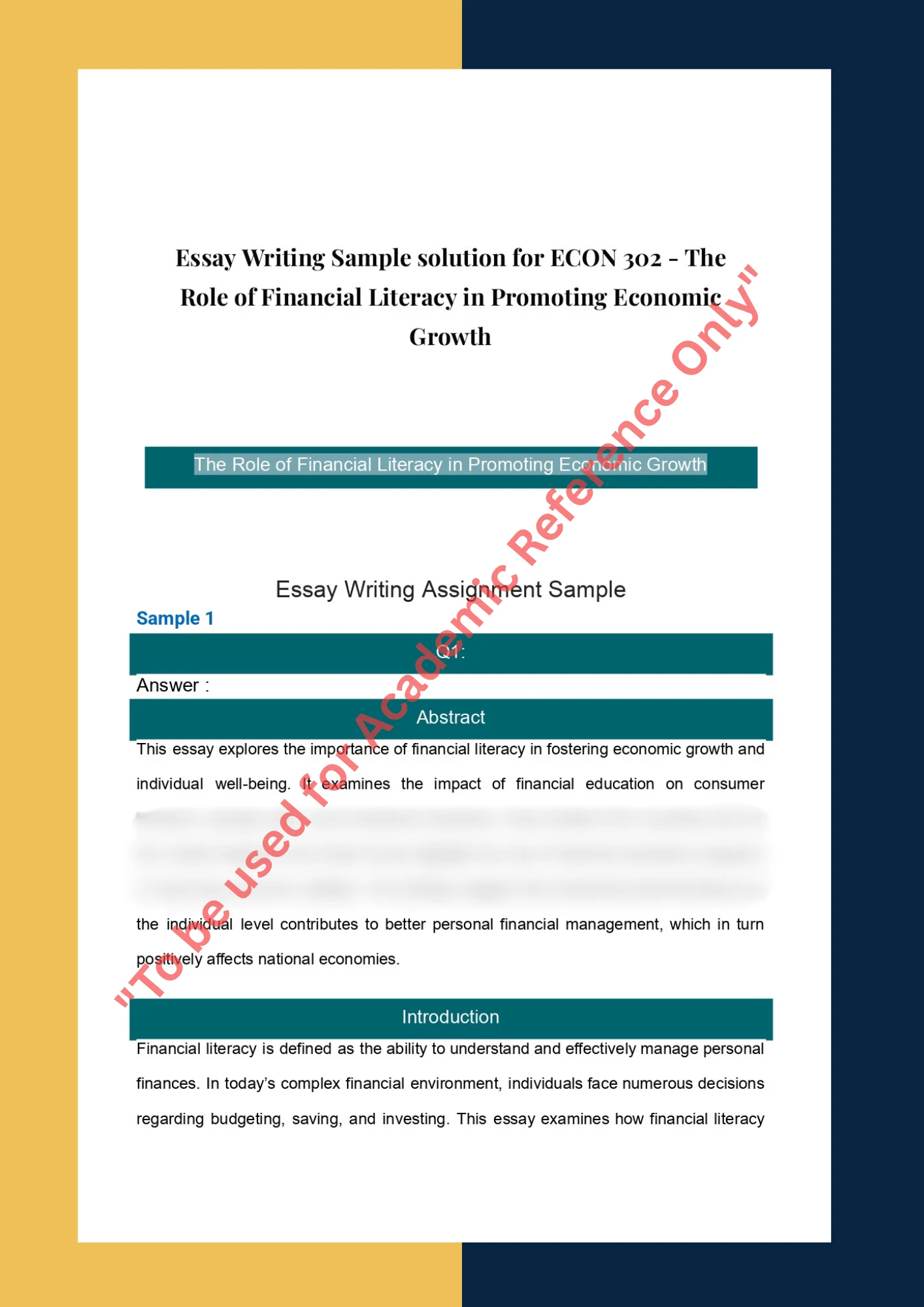 Essay Writing Sample solution for ECON 302 - The Role of Financial Literacy in Promoting Economic Growth 0