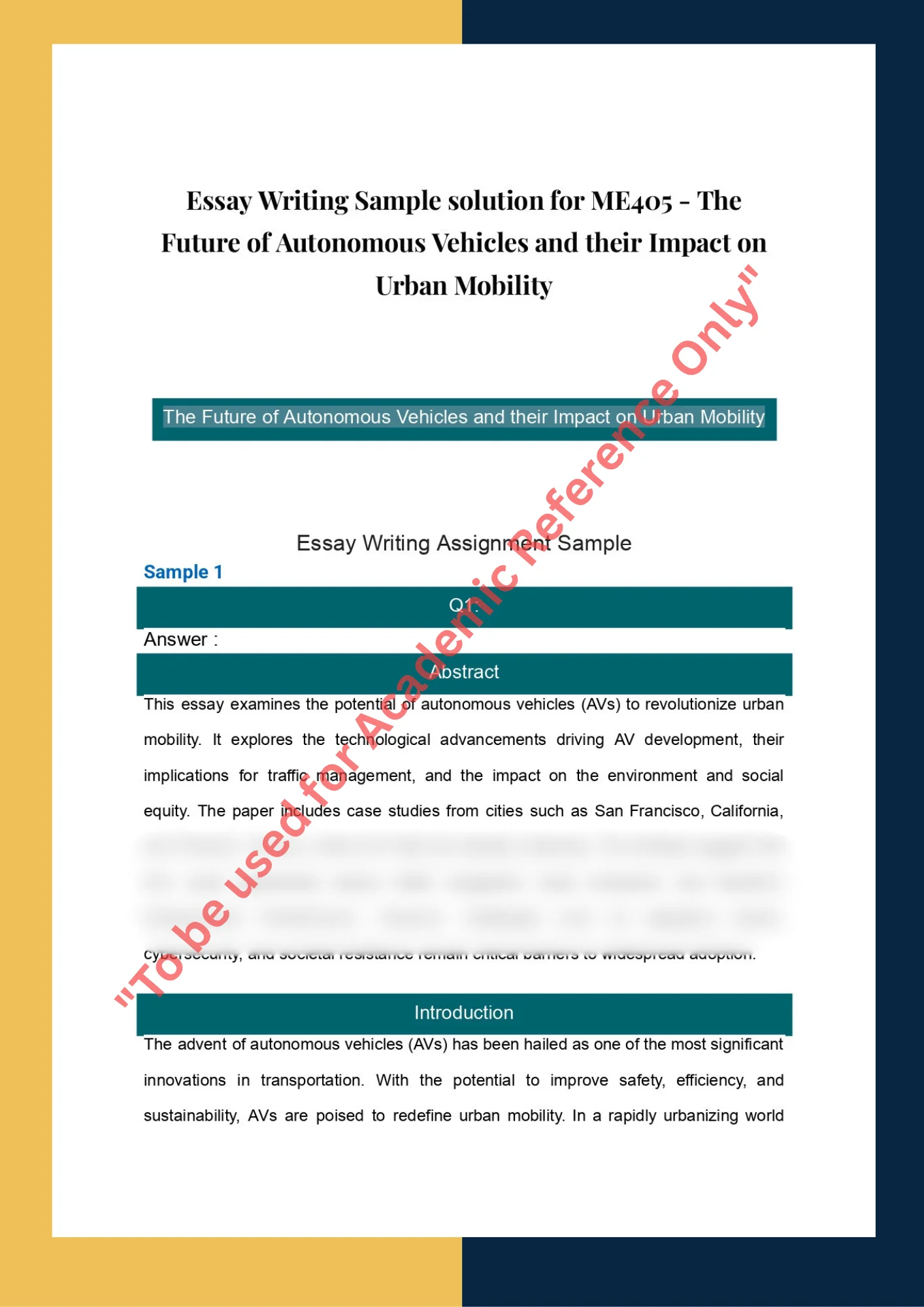 Essay Writing Sample solution for ME405 - The Future of Autonomous Vehicles and their Impact on Urban Mobility 0