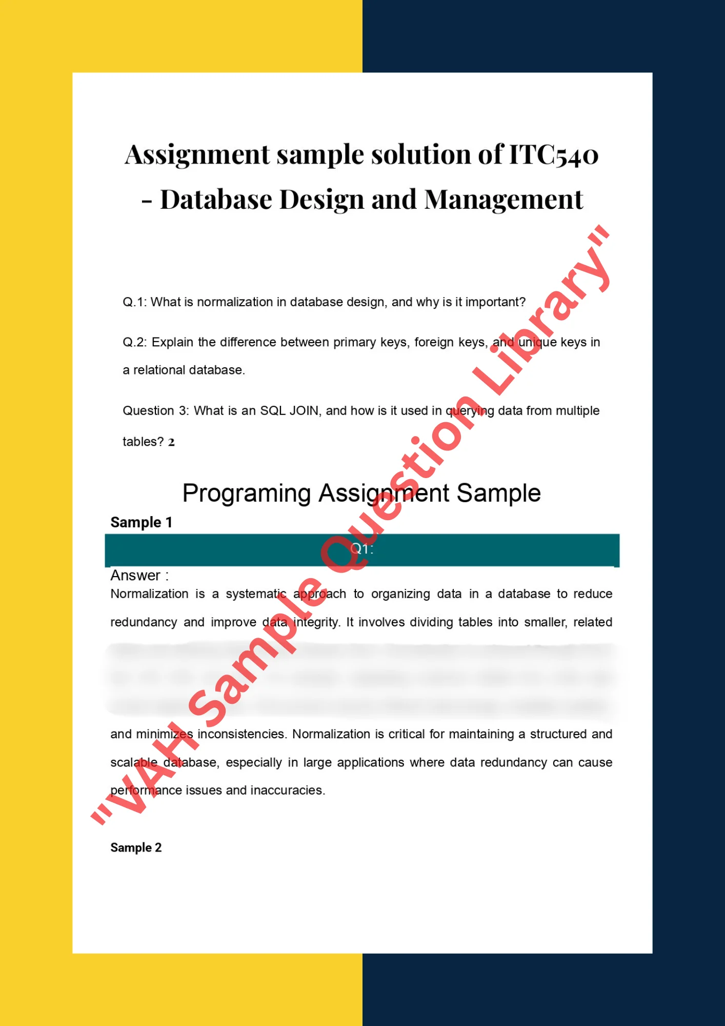 Assignment sample solution of ITC540 - Database Design and Management 0
