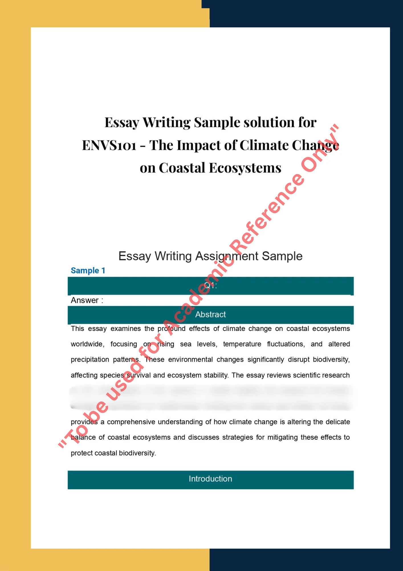 Essay Writing Sample solution for ENVS101 - The Impact of Climate Change on Coastal Ecosystems 0