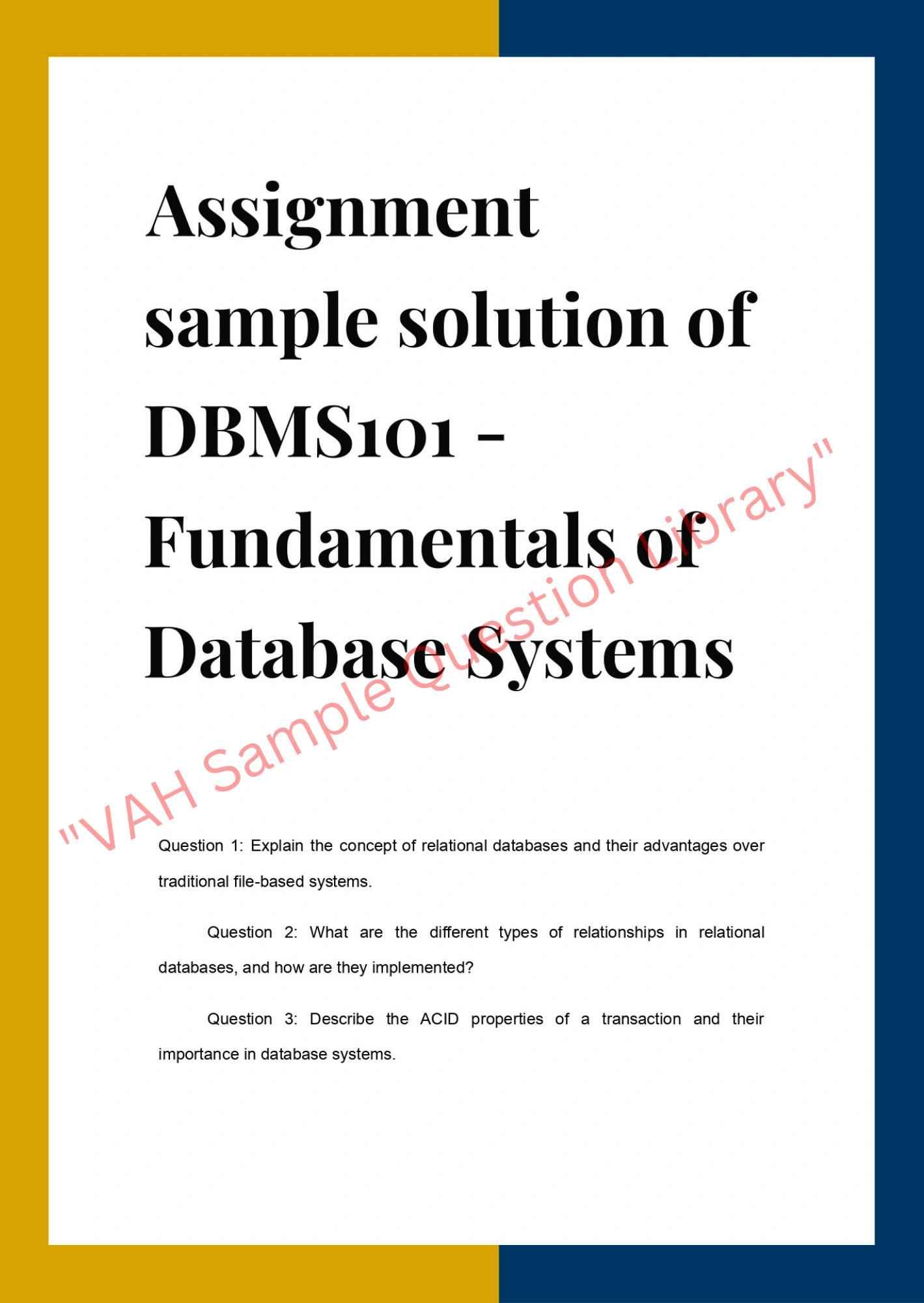 Assignment sample solution of DBMS101 - Fundamentals of Database Systems 0