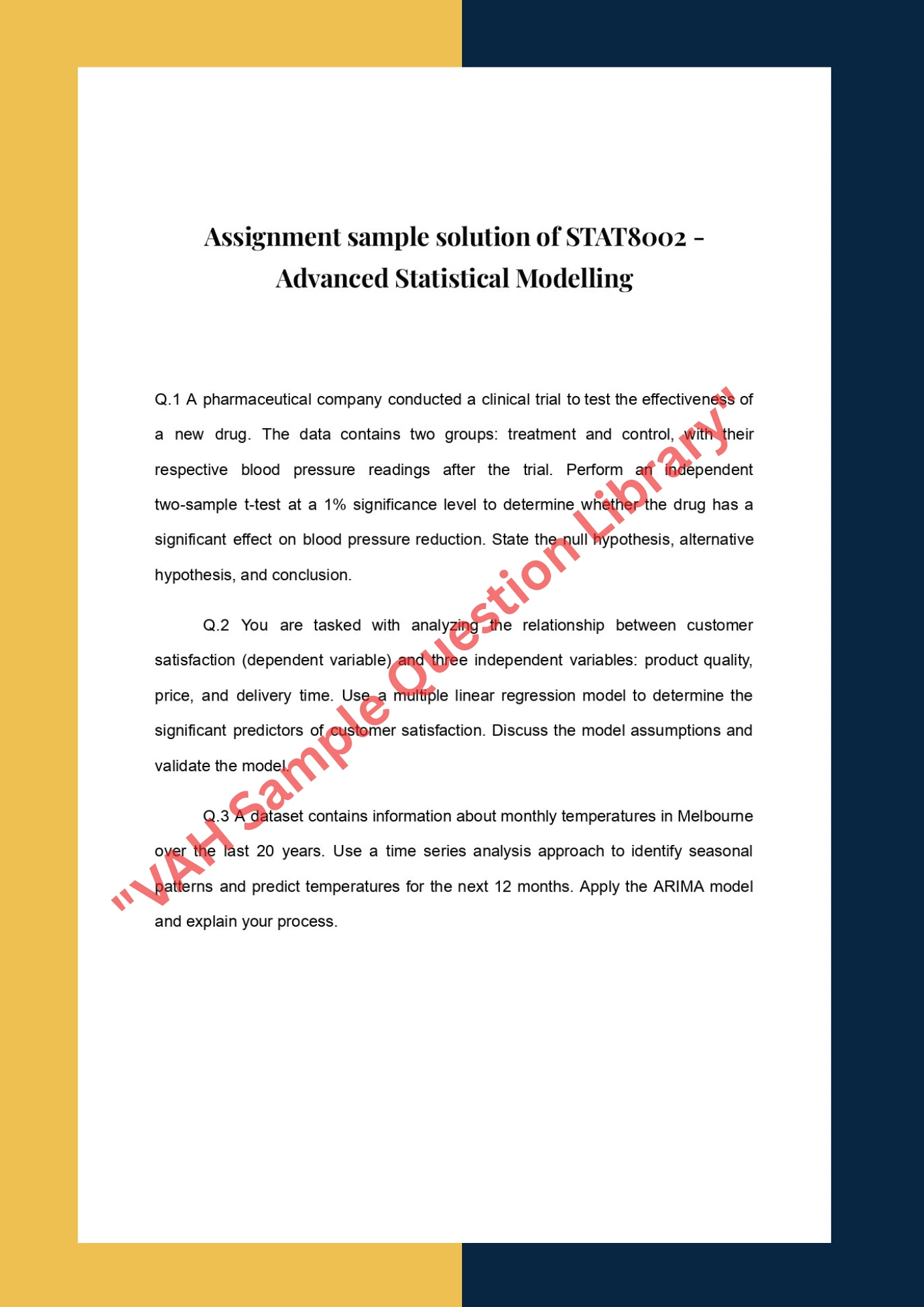 Assignment sample solution of STAT8002 - Advanced Statistical Modelling 0