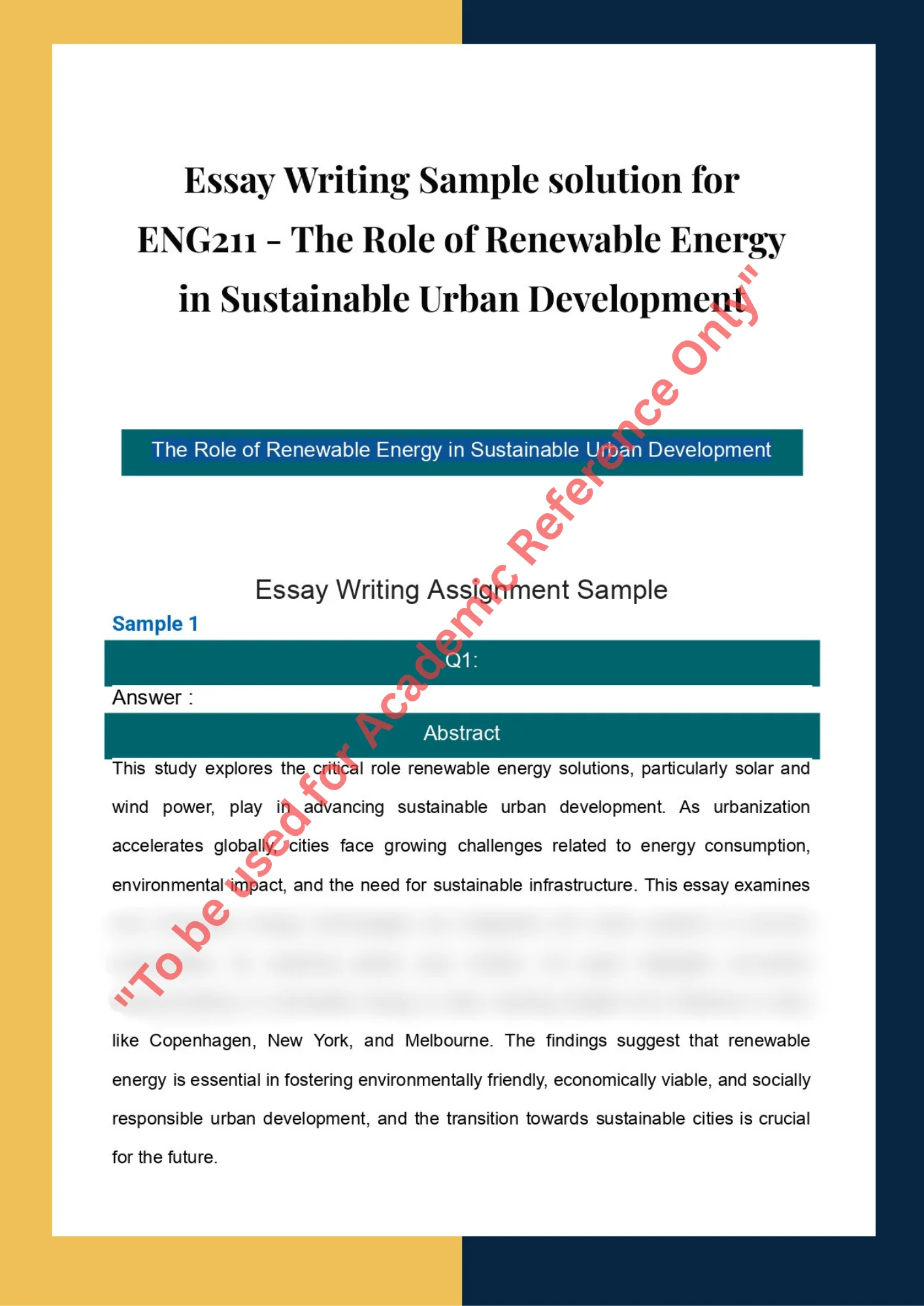 Essay Writing Sample solution for ENG211 - The Role of Renewable Energy in Sustainable Urban Development 0