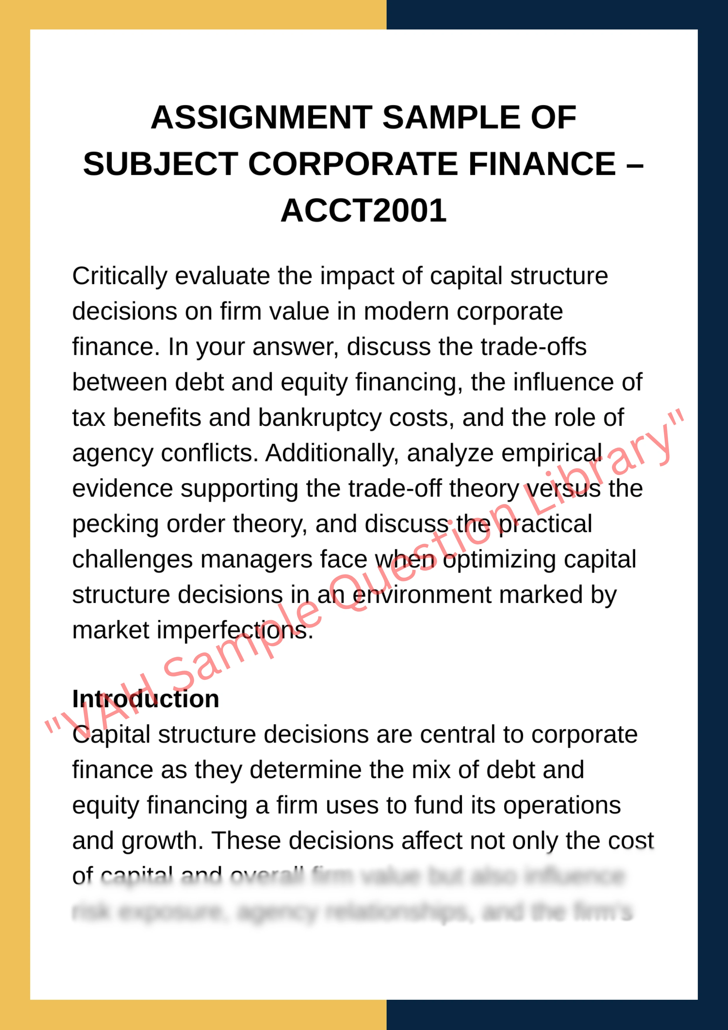 Assignment Sample Of Subject Corporate Finance – ACCT2001 0