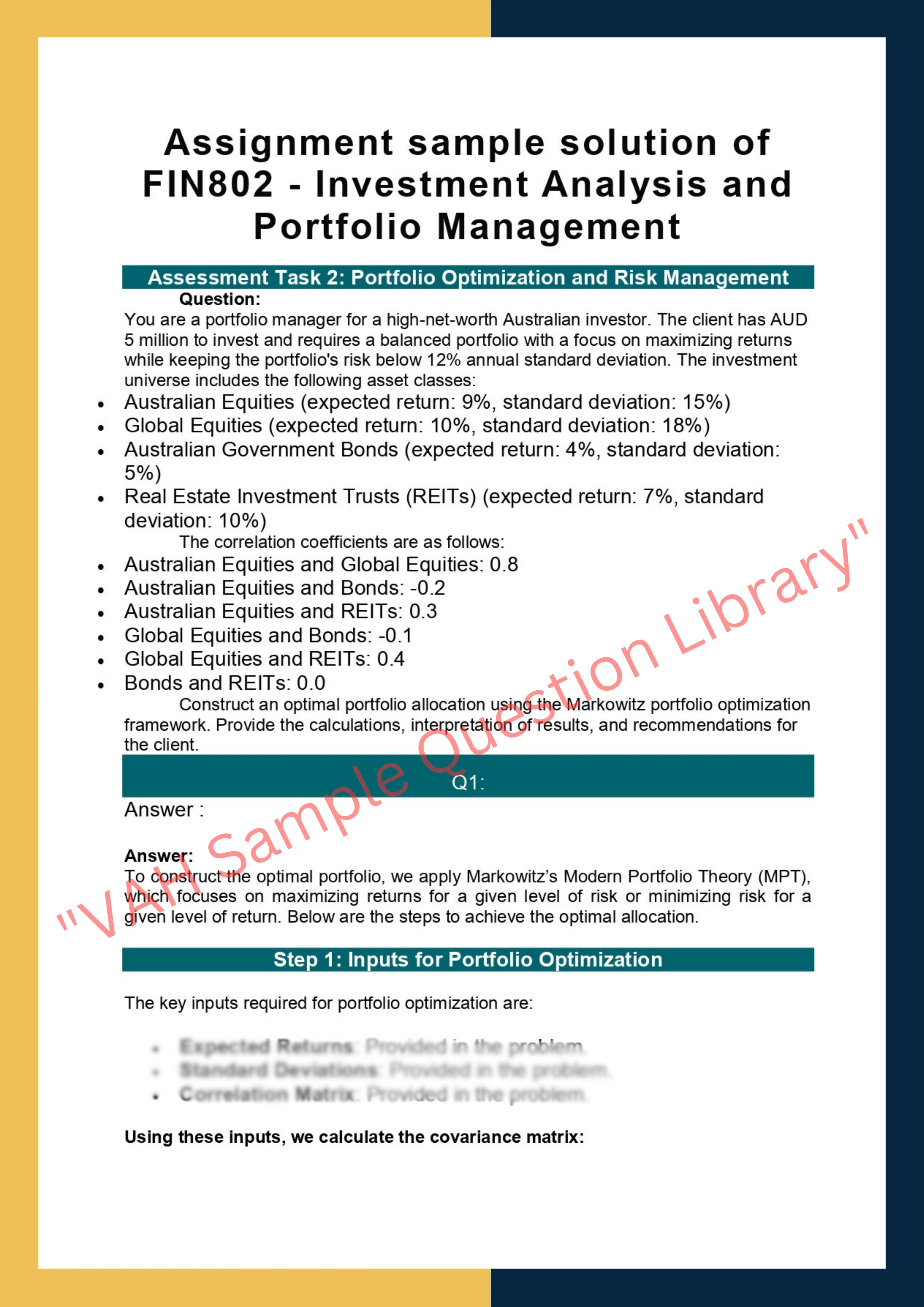 Assignment sample solution of FIN802 - Investment Analysis and Portfolio Management 0