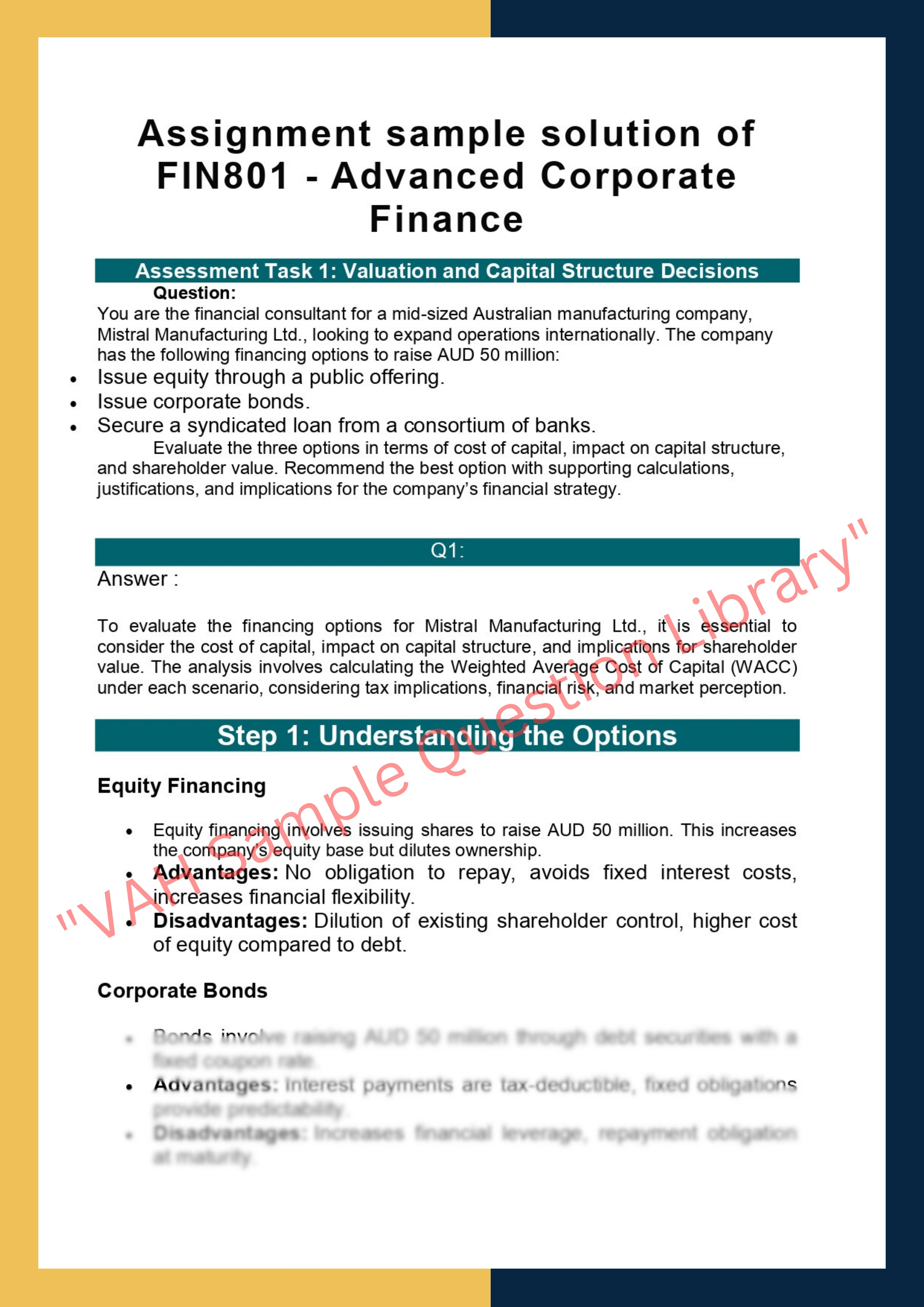 Assignment sample solution of FIN801 - Advanced Corporate Finance 0