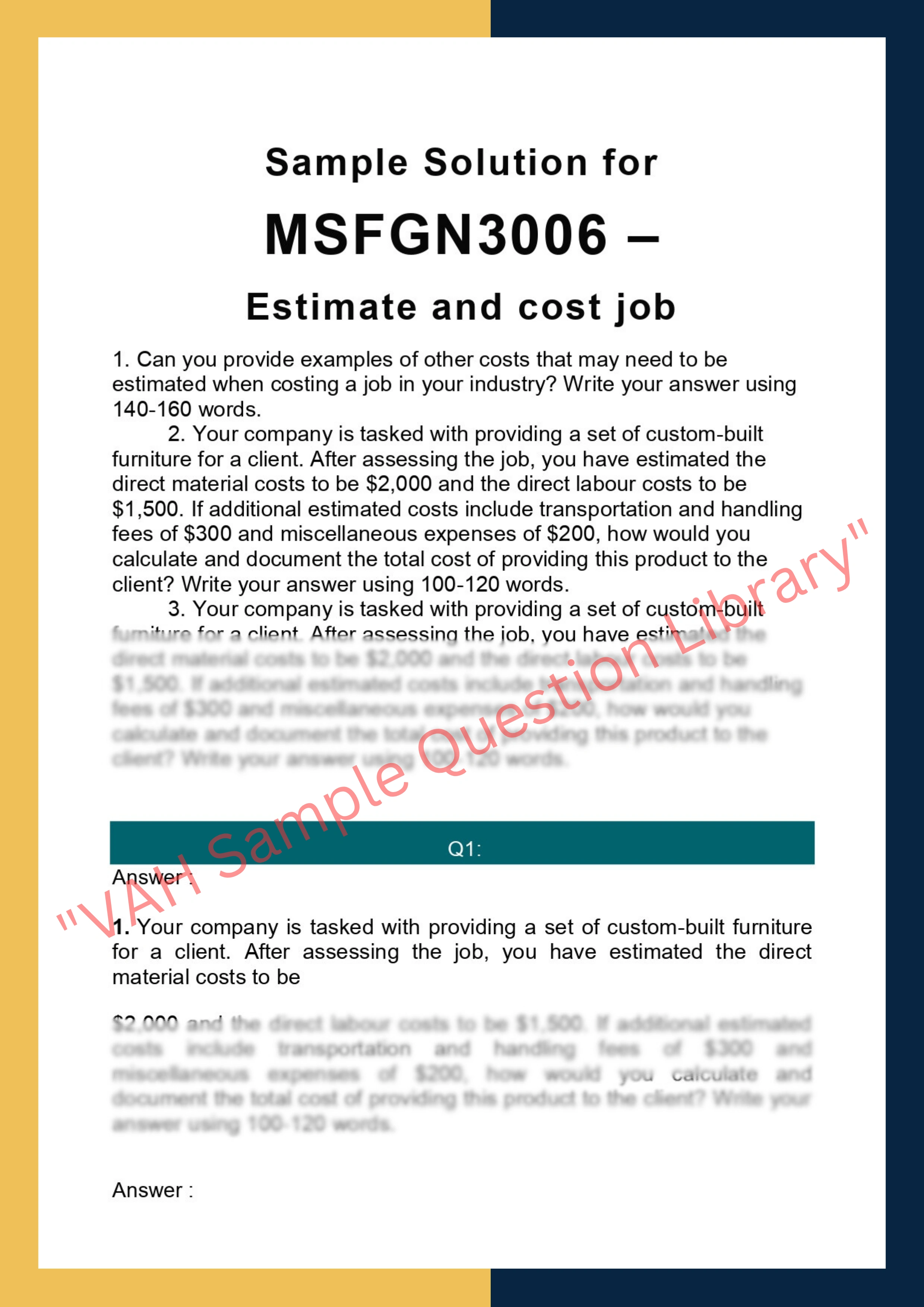 Sample Solution for MSFGN3006 - Estimate and cost job 0
