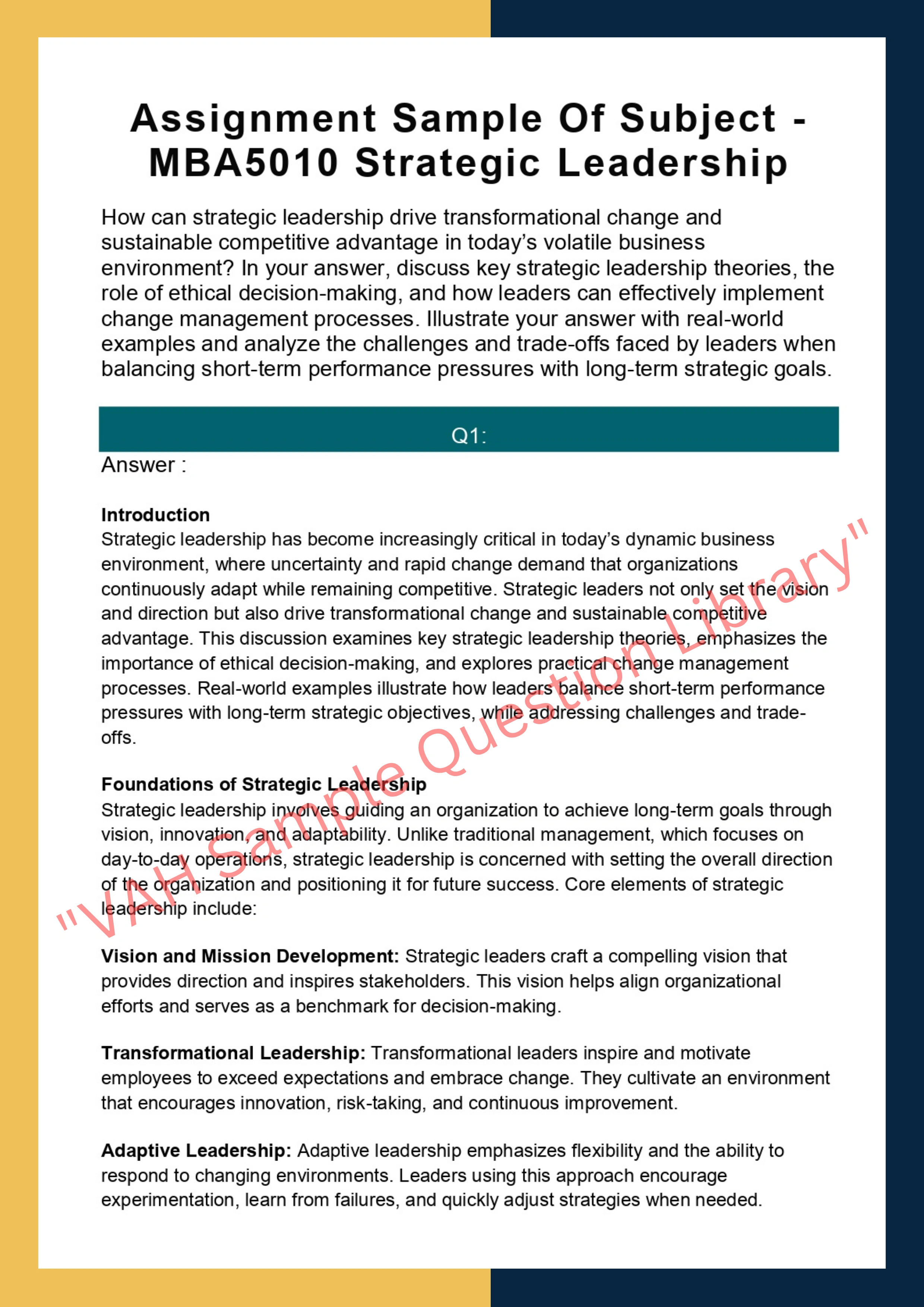 Assignment Sample Of Subject -MBA5010 Strategic Leadership 0