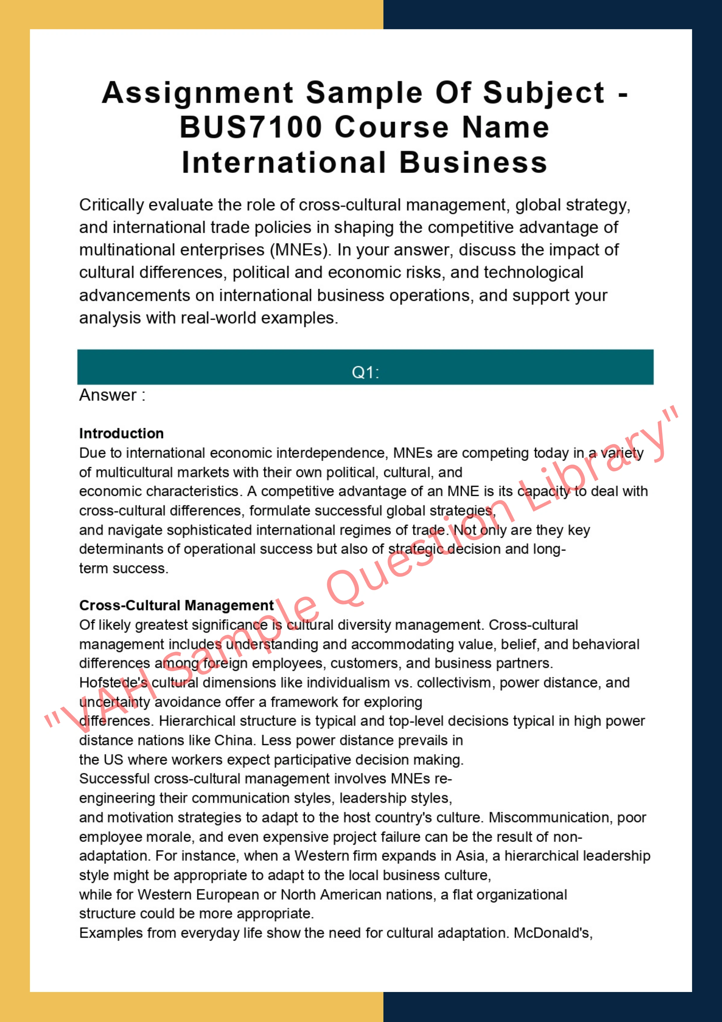 Assignment Sample Of Subject -BUS7100 Course Name International Business 0