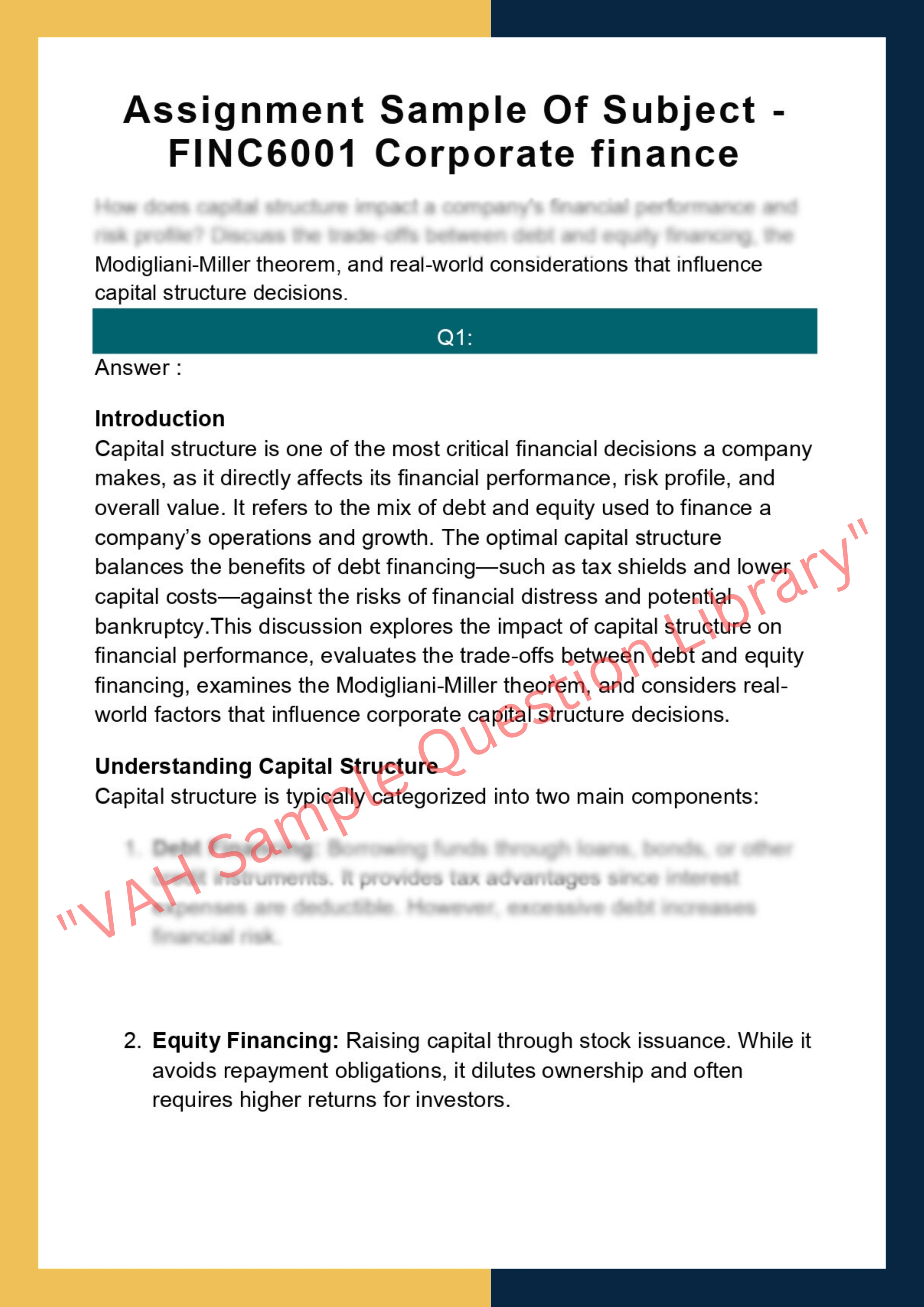 Assignment Sample Of Subject -FINC6001 Corporate finance 0