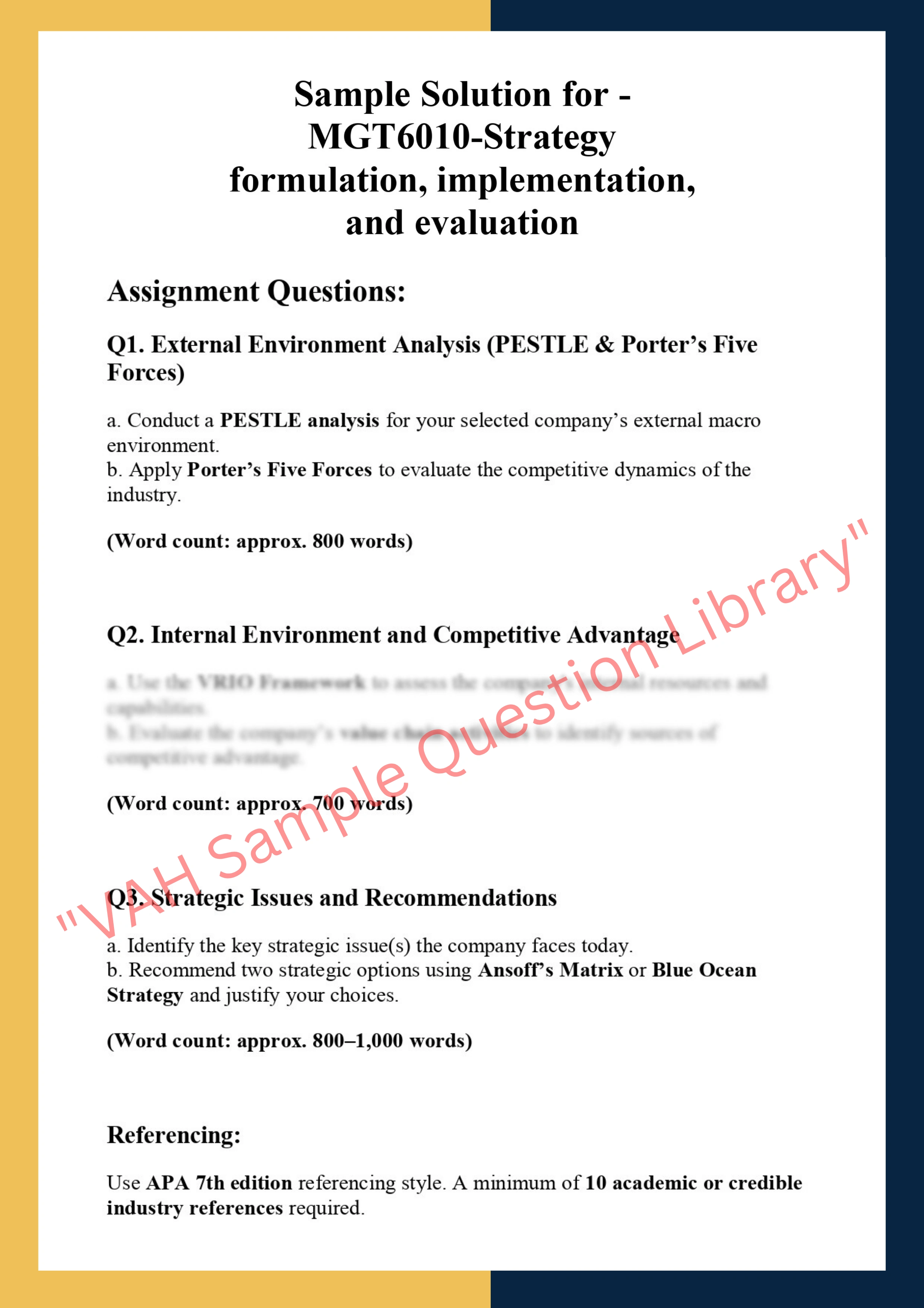Sample Solution for - MGT6010-Strategy  formulation, implementation,  and evaluation 0