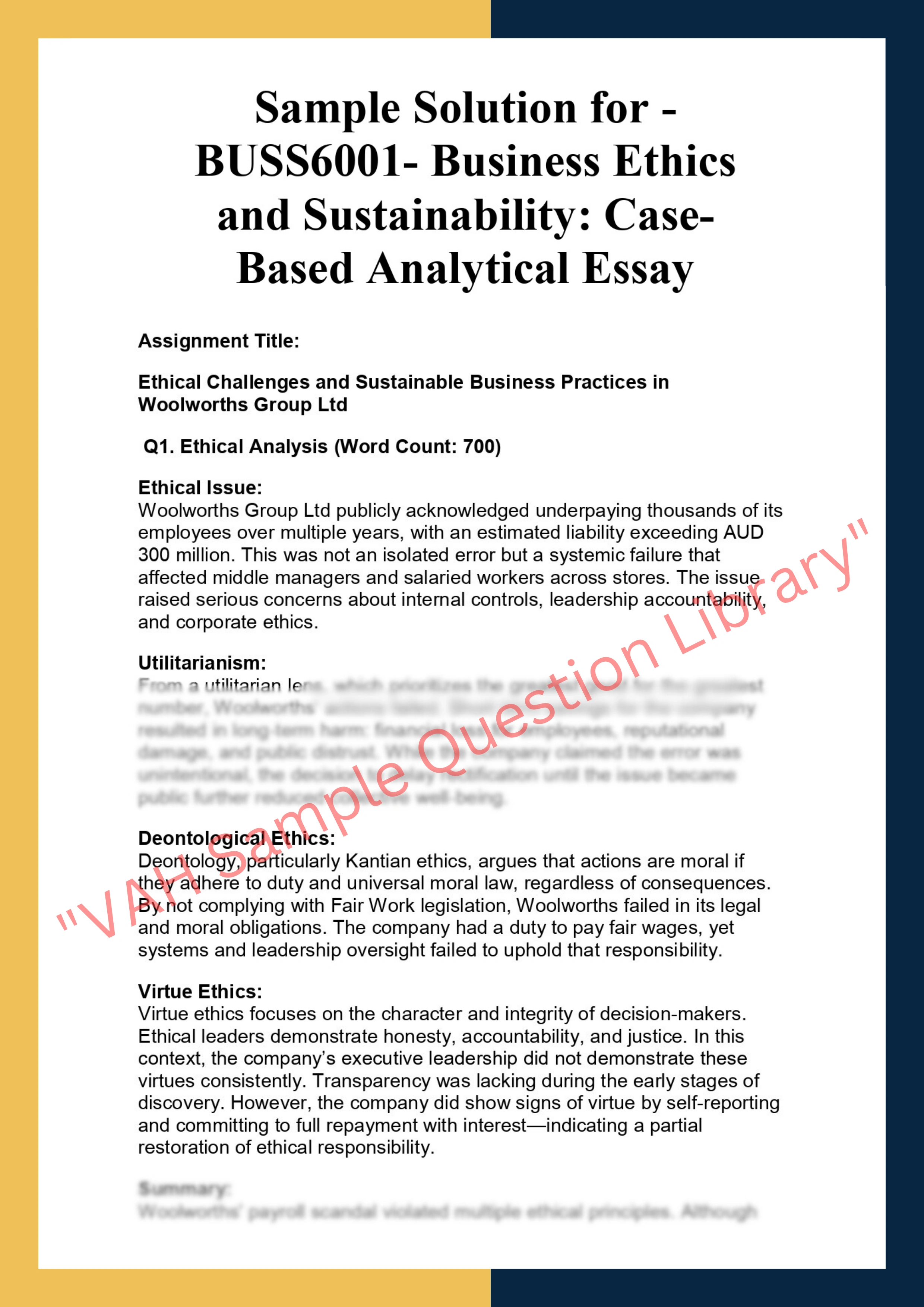 BUSS6001- Business Ethics  and Sustainability: Case- Based Analytical Essay 0