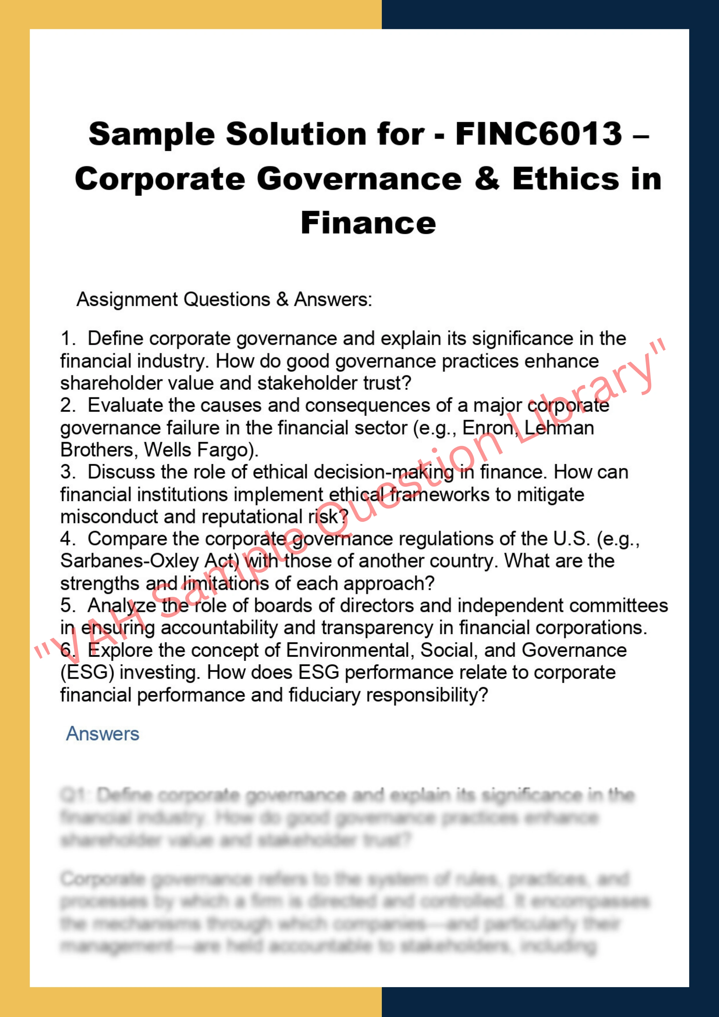 FINC6013 – Corporate Governance & Ethics in  Finance 0
