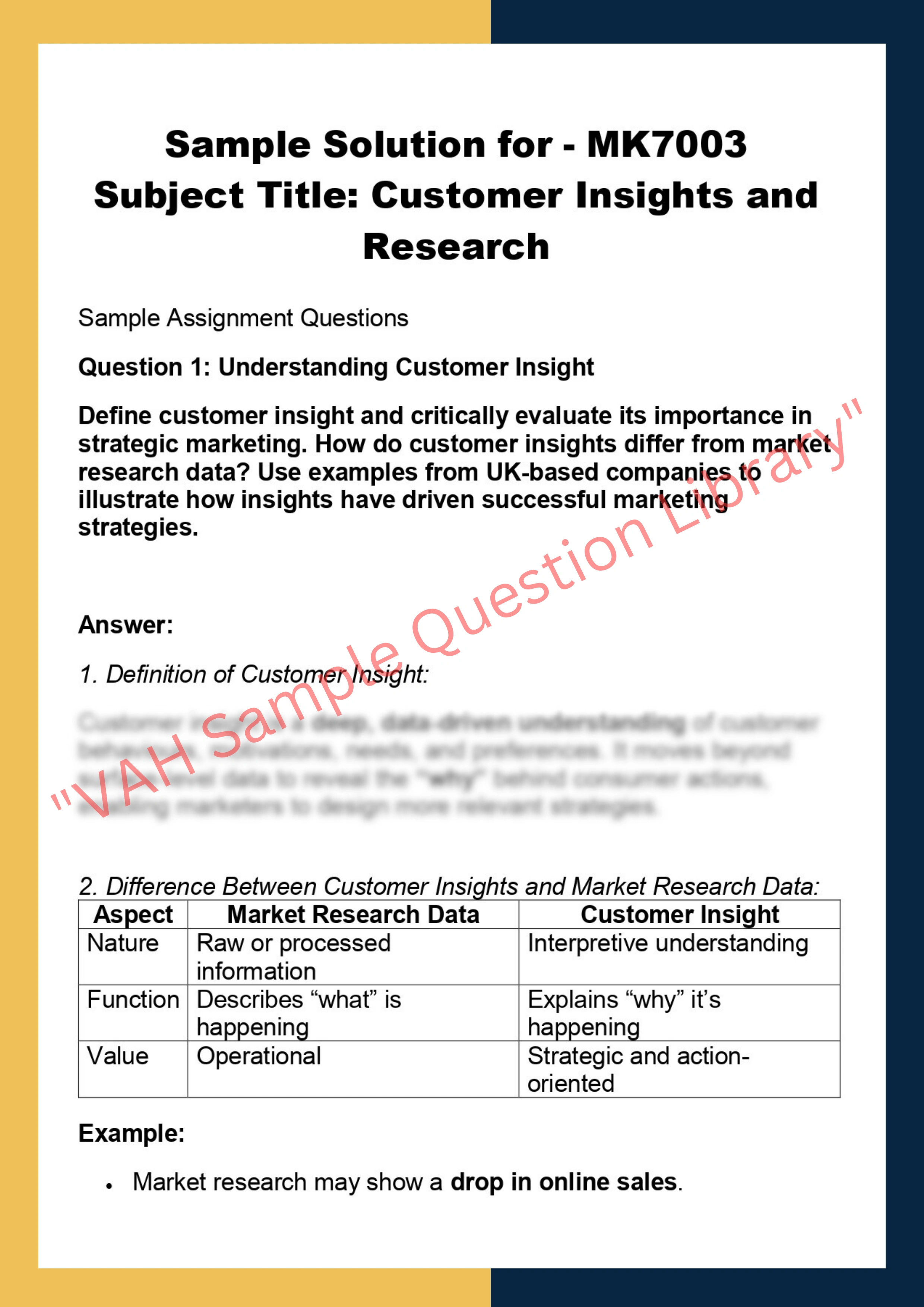 MK7003 Subject Title: Customer Insights and  Research 0