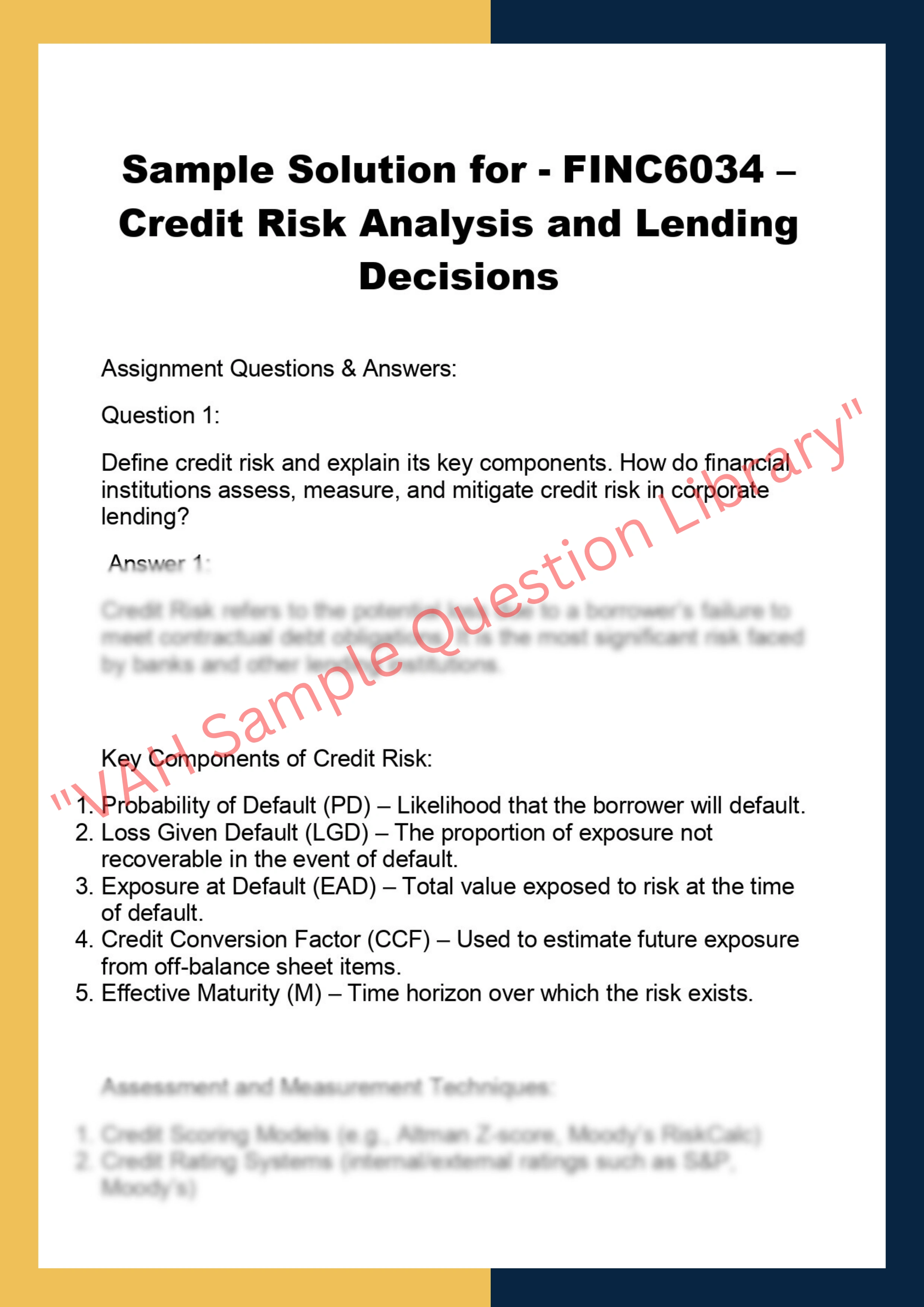 FINC6034 – Credit Risk Analysis and Lending  Decisions 0