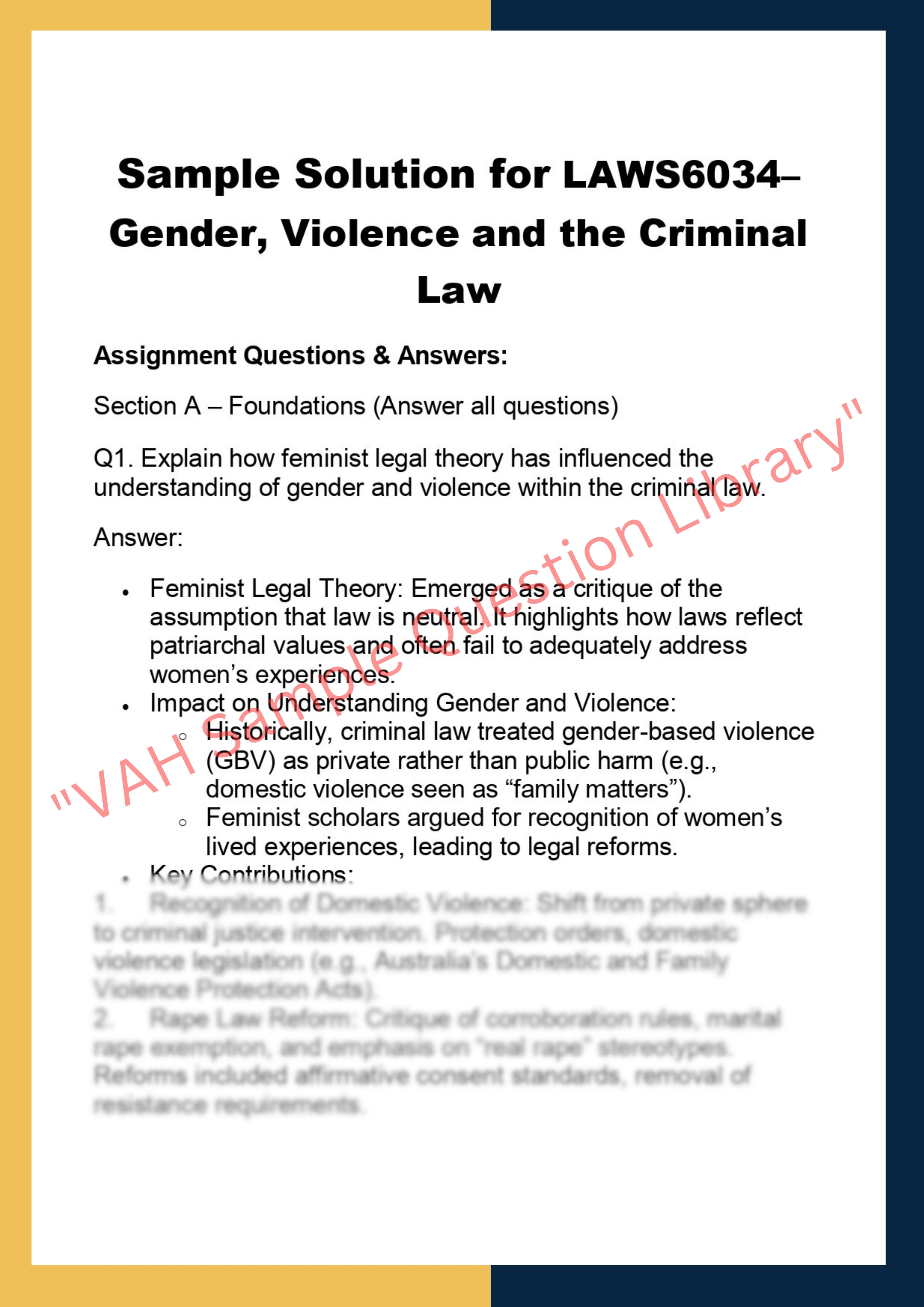 LAWS6034– Gender, Violence and the Criminal  Law 0