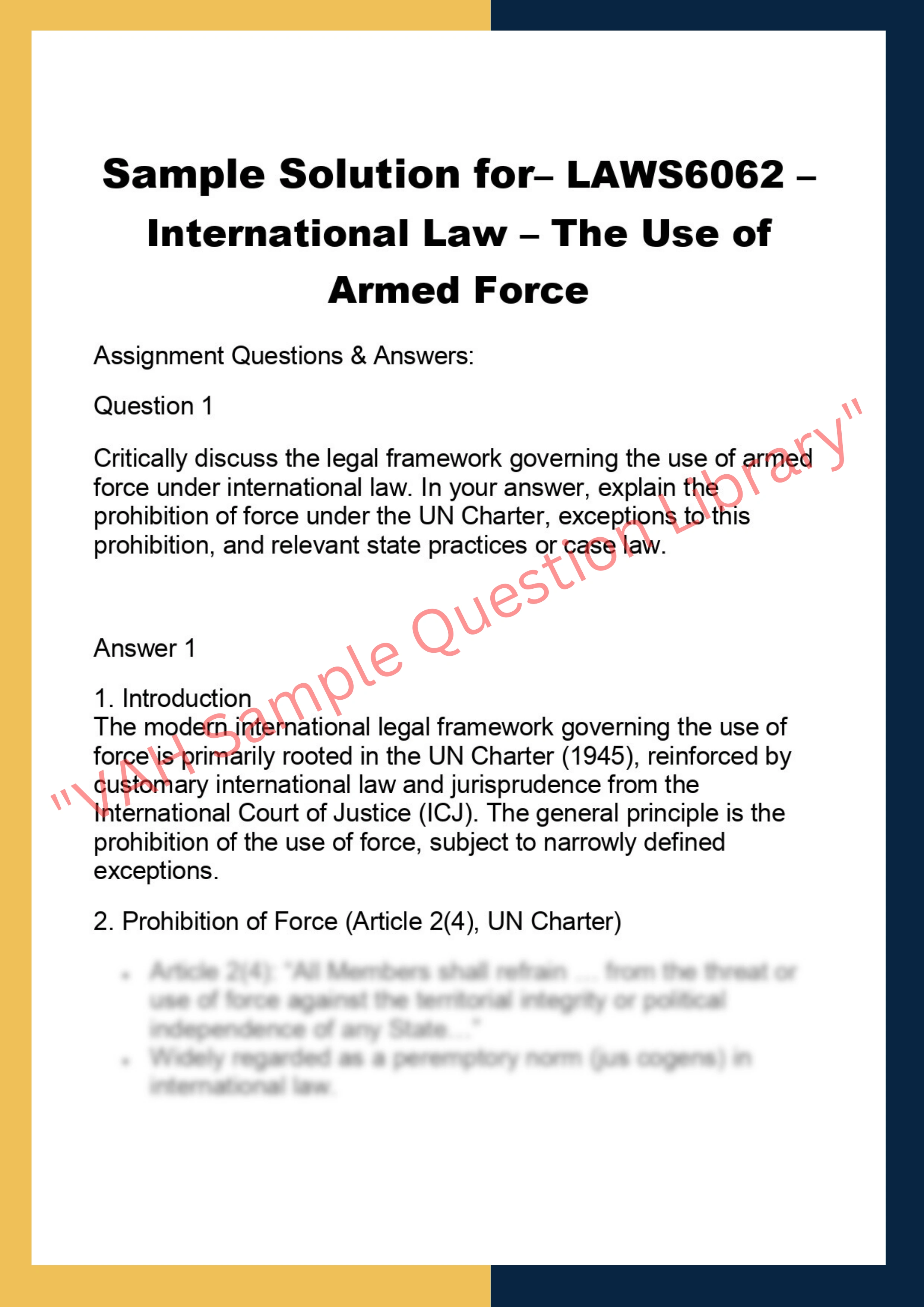LAWS6062 – International Law – The Use of  Armed Force 0