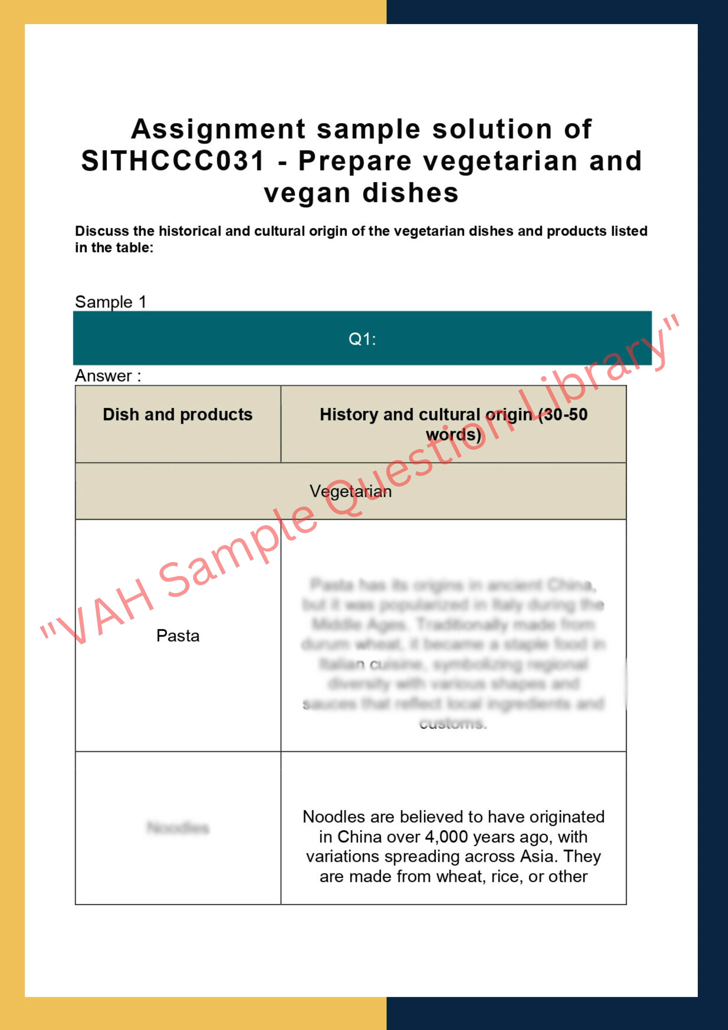 Assignment sample solution of SITHCCC031 - Prepare vegetarian and vegan dishes 0