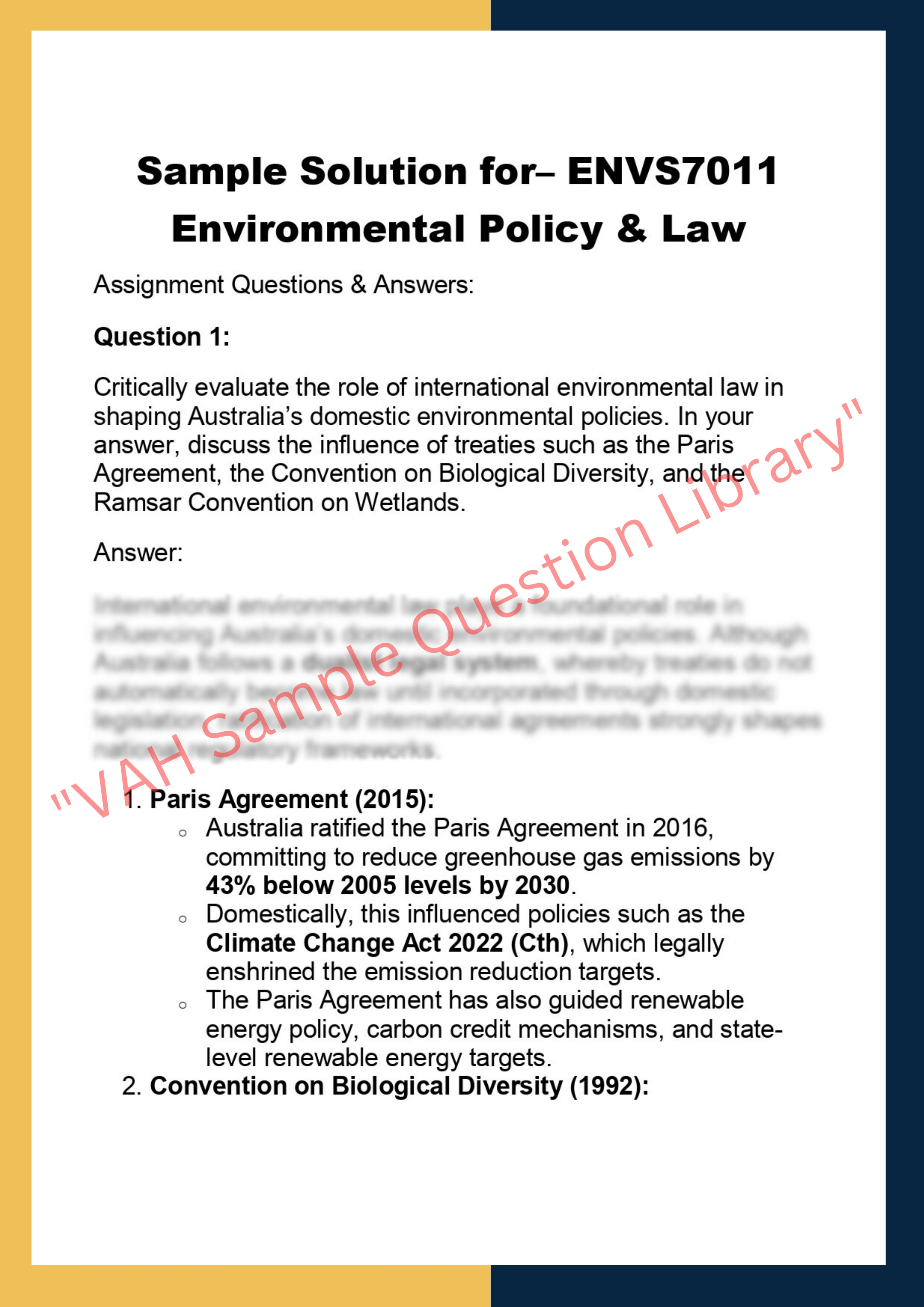 Sample Solution for– ENVS7011 Environmental Policy & Law 0