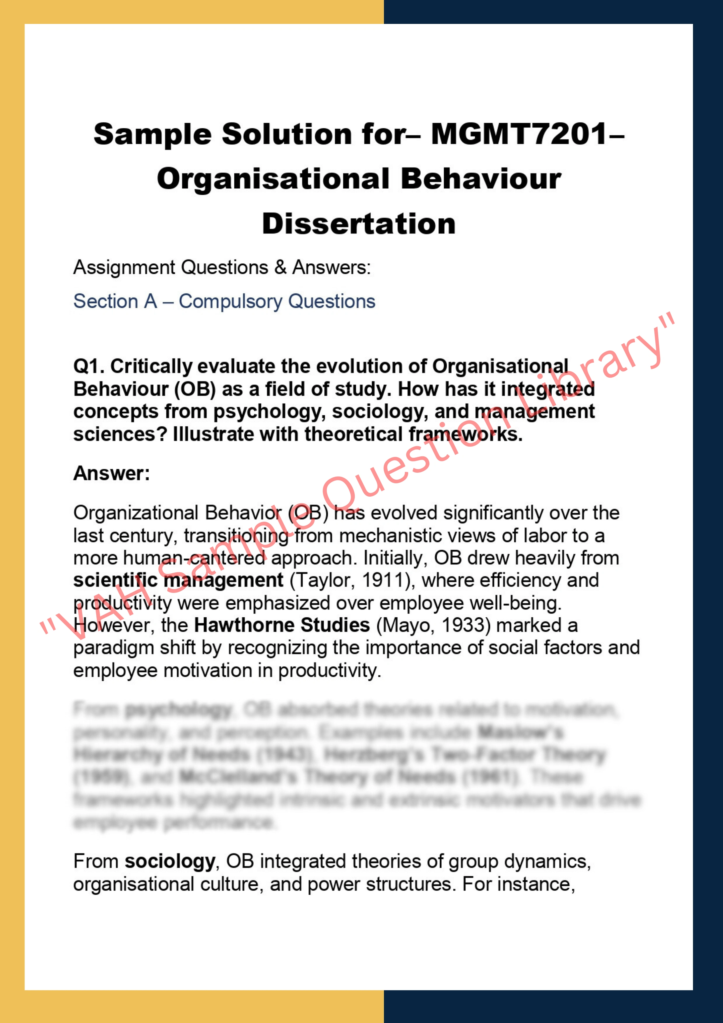 MGMT7201– Organisational Behaviour  Dissertation 0