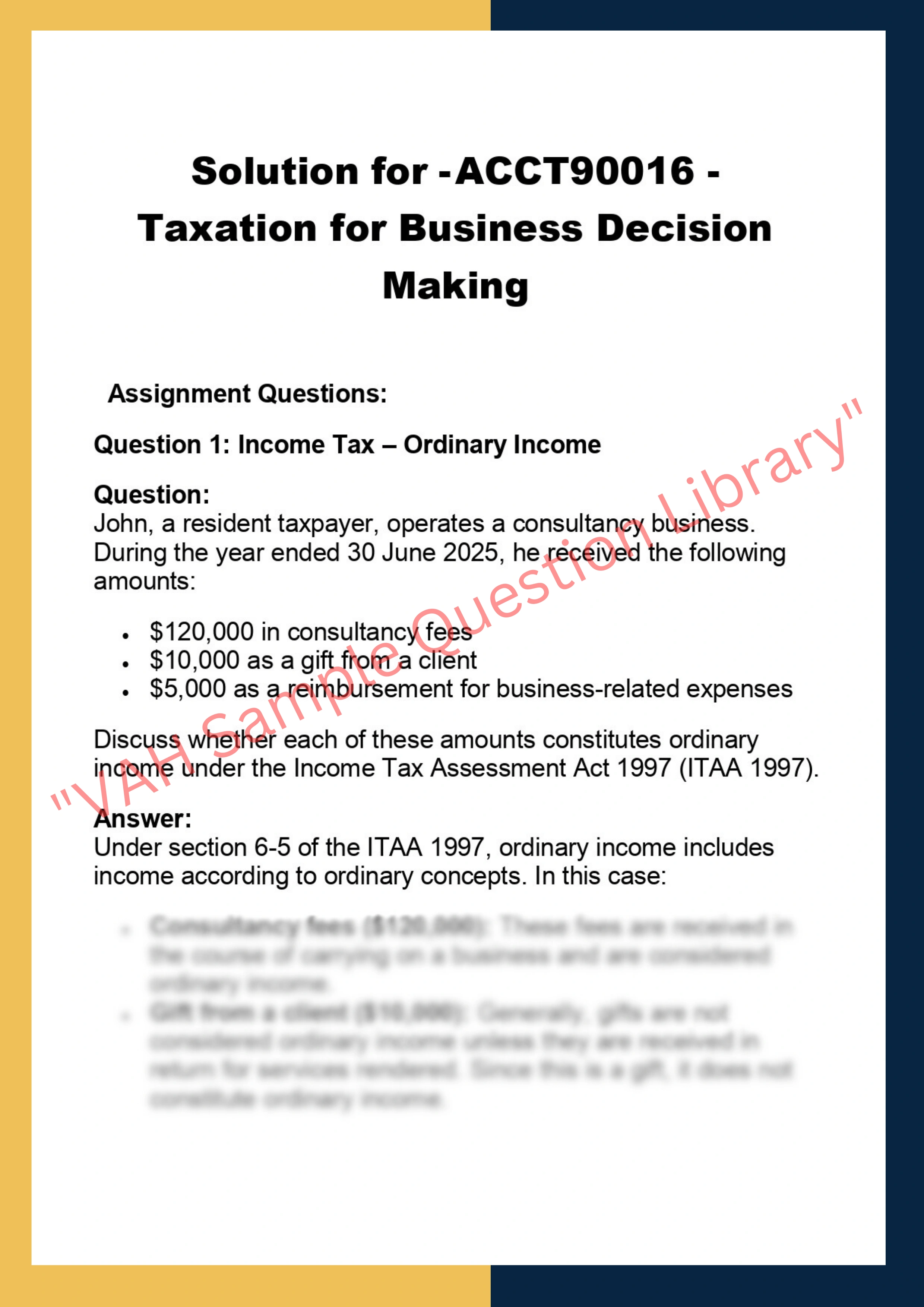 ACCT90016 - Taxation for Business Decision  Making 0
