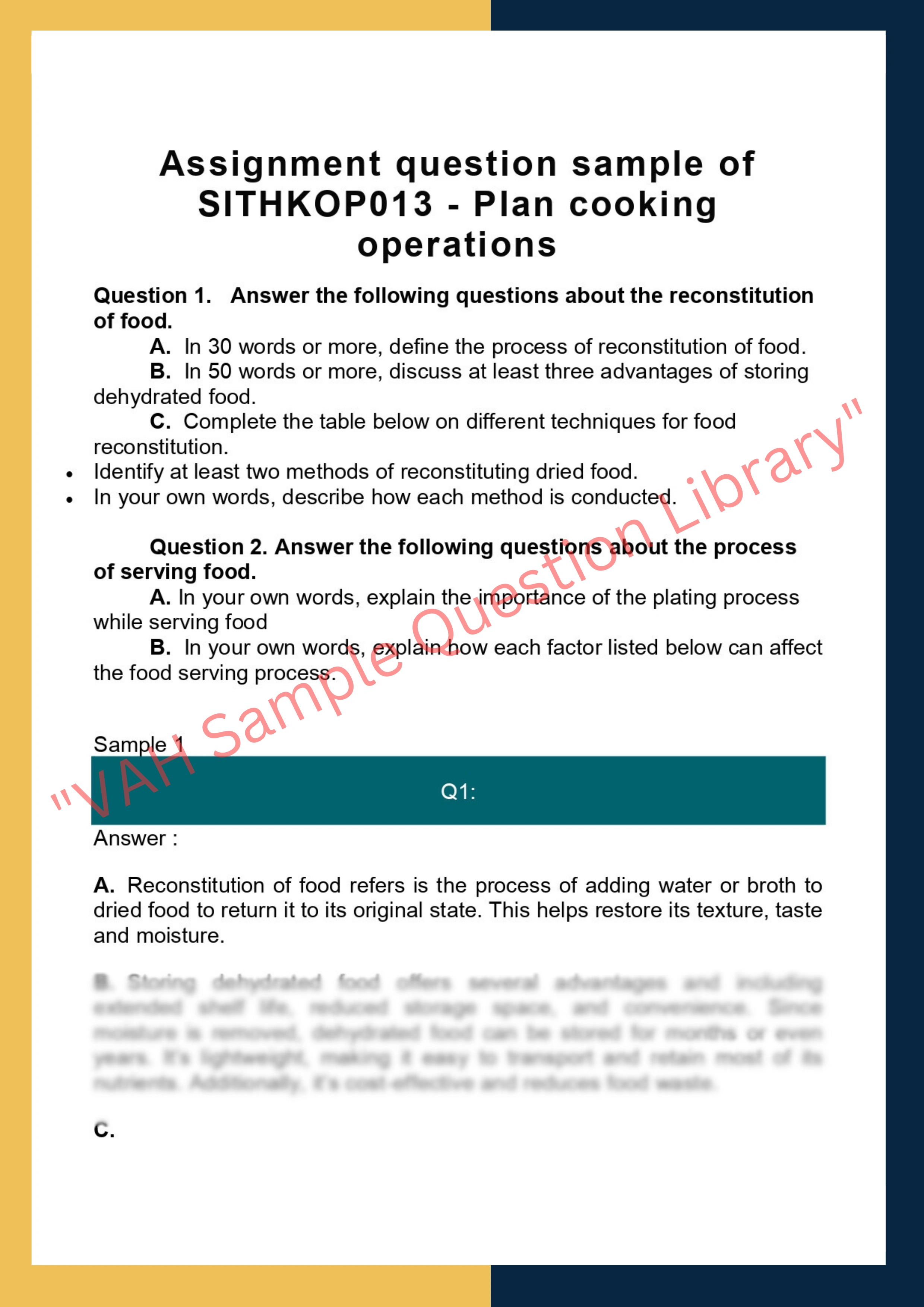 Assignment question sample of SITHKOP013 - Plan cooking operations 0