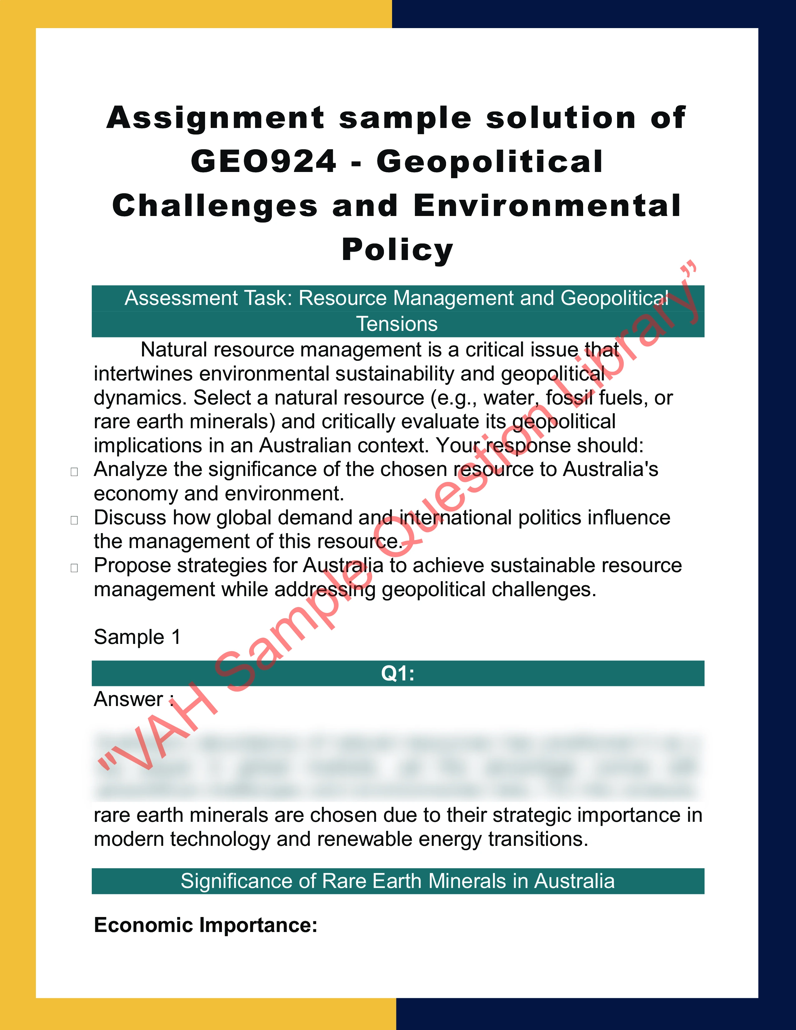 Assignment sample solution of GEO924 - Geopolitical Challenges and Environmental Policy 0