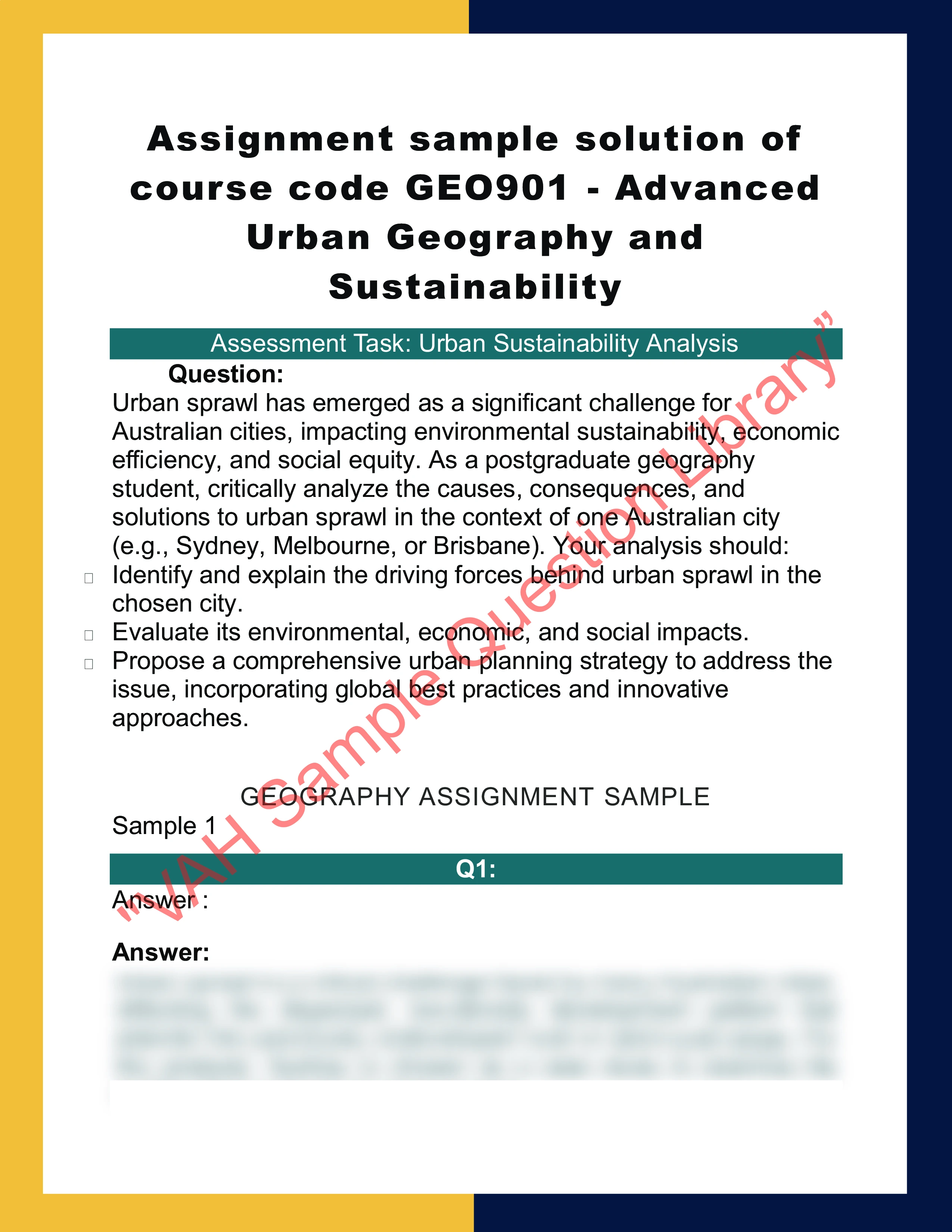 Assignment sample solution of course code GEO901 - Advanced Urban Geography and Sustainability 0
