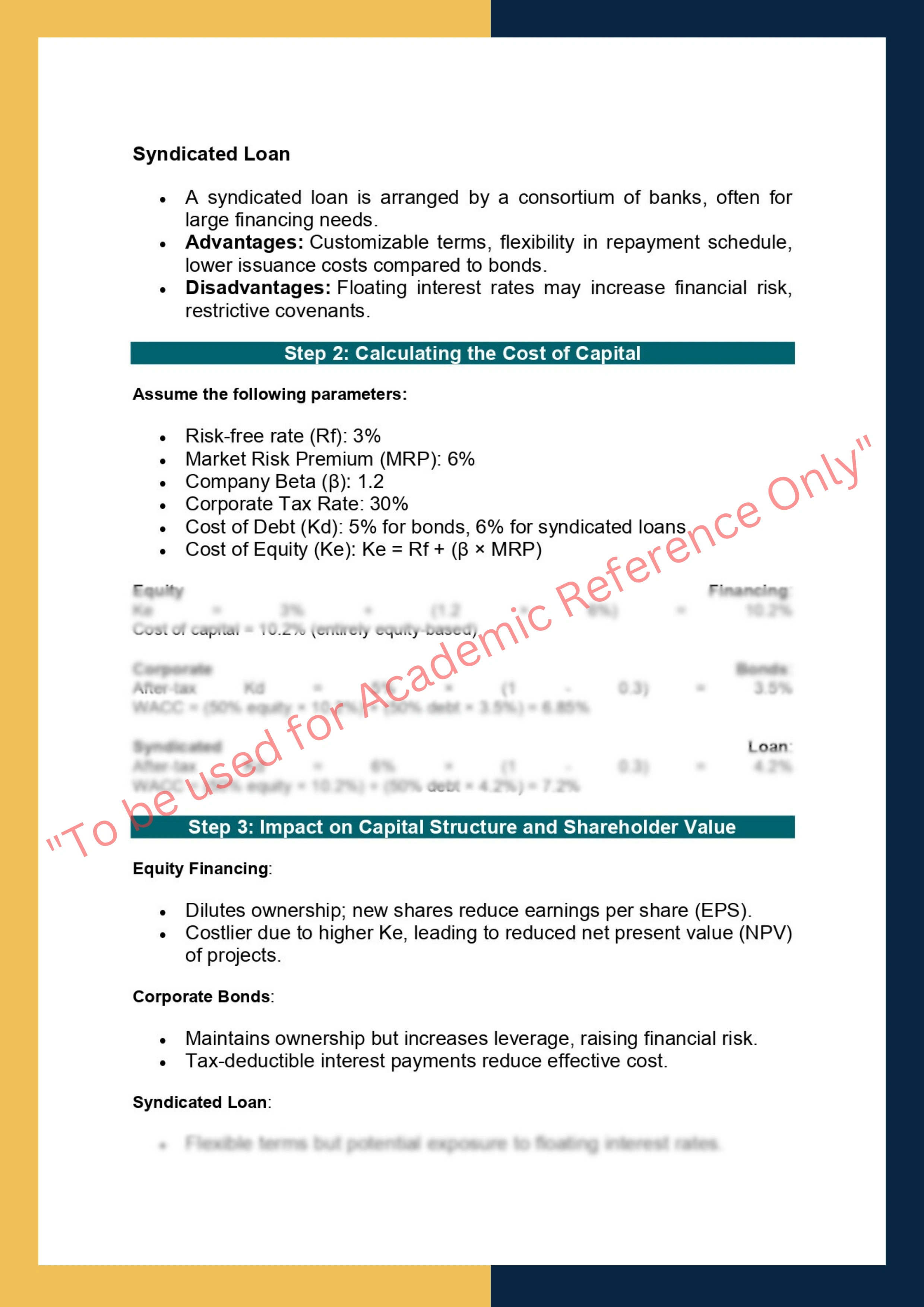 Assignment sample solution of FIN801 - Advanced Corporate Finance 1