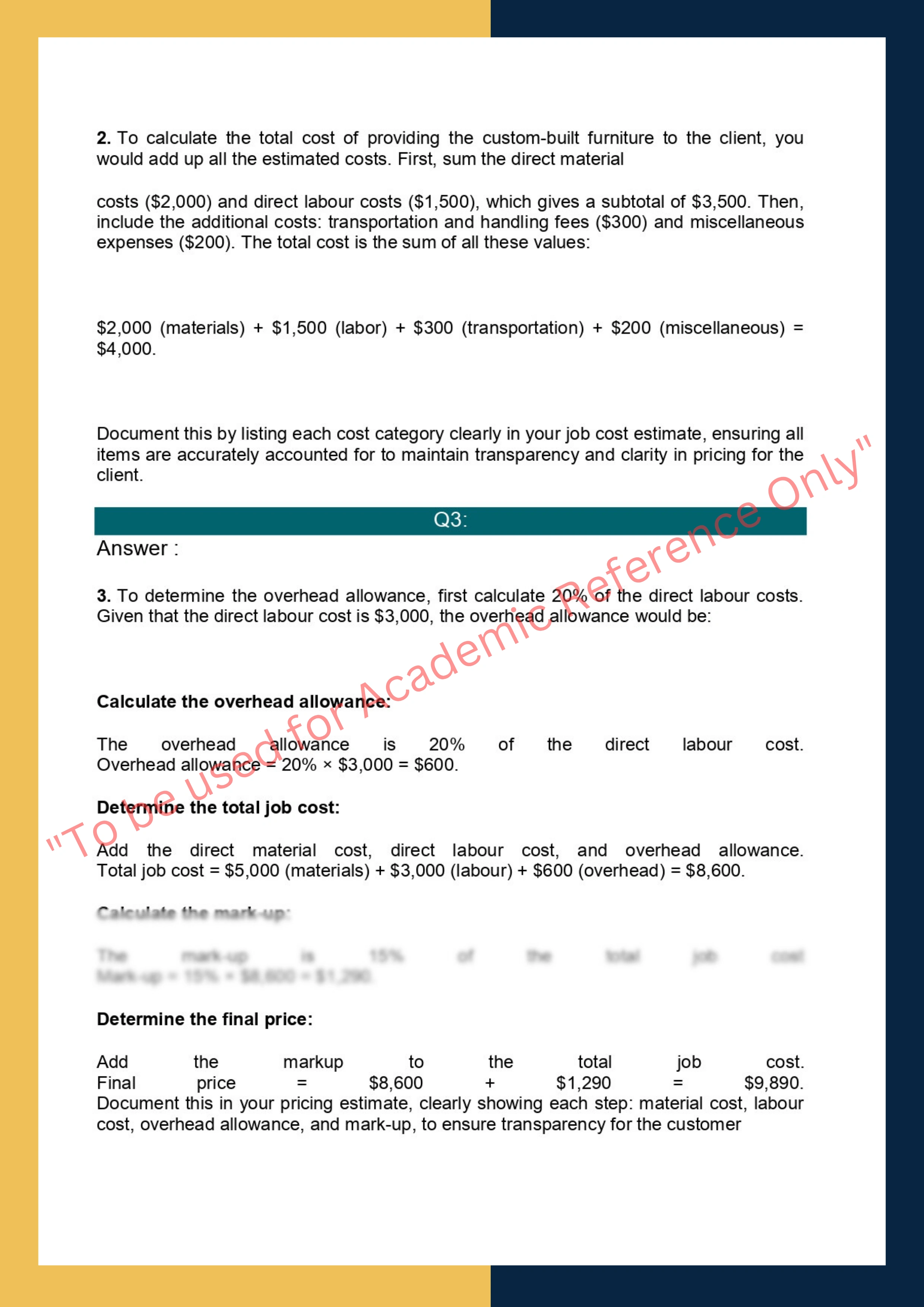 Sample Solution for MSFGN3006 - Estimate and cost job 1