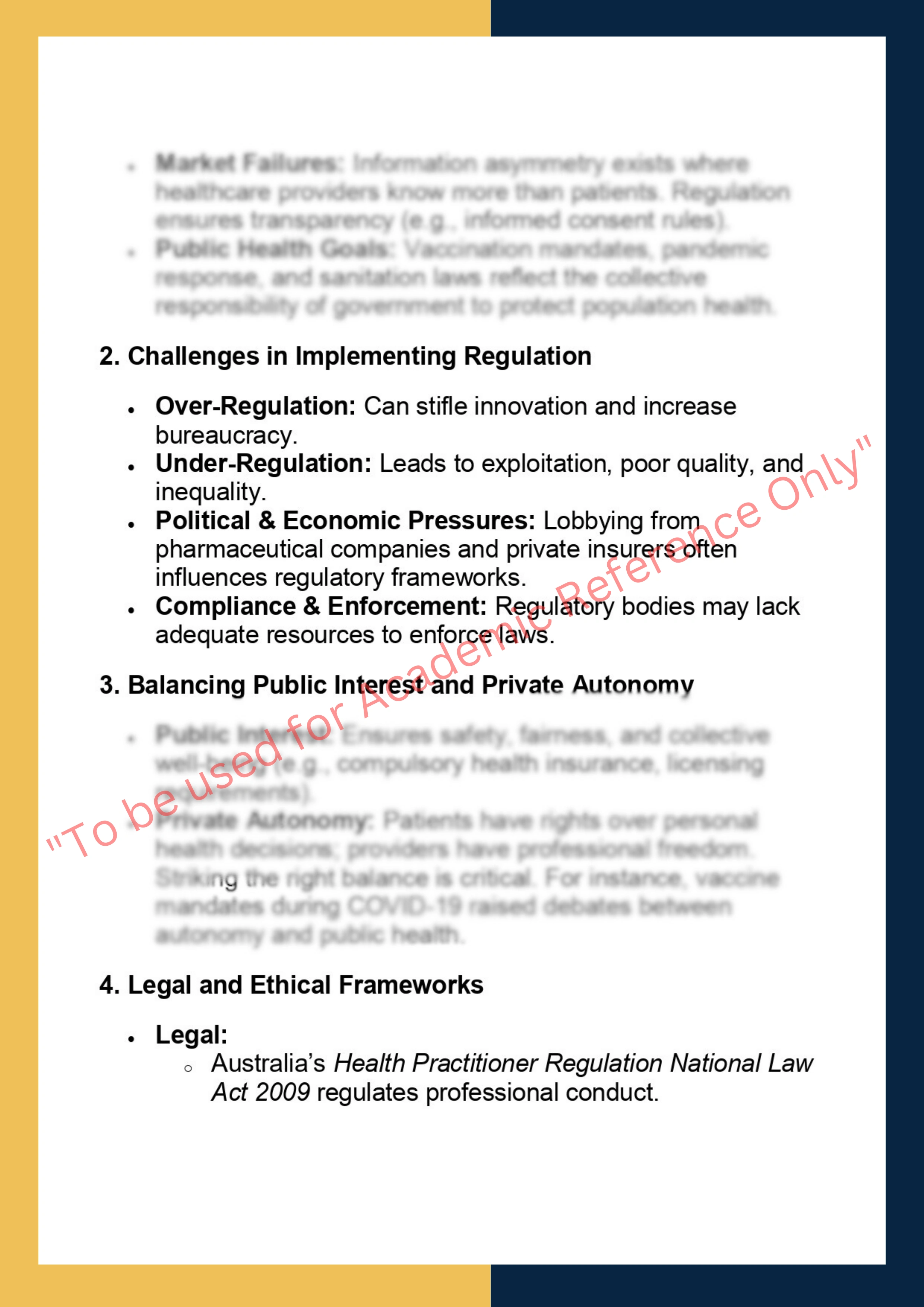 LAWS6052 – Government Regulation, Health  Policy and Ethics 1