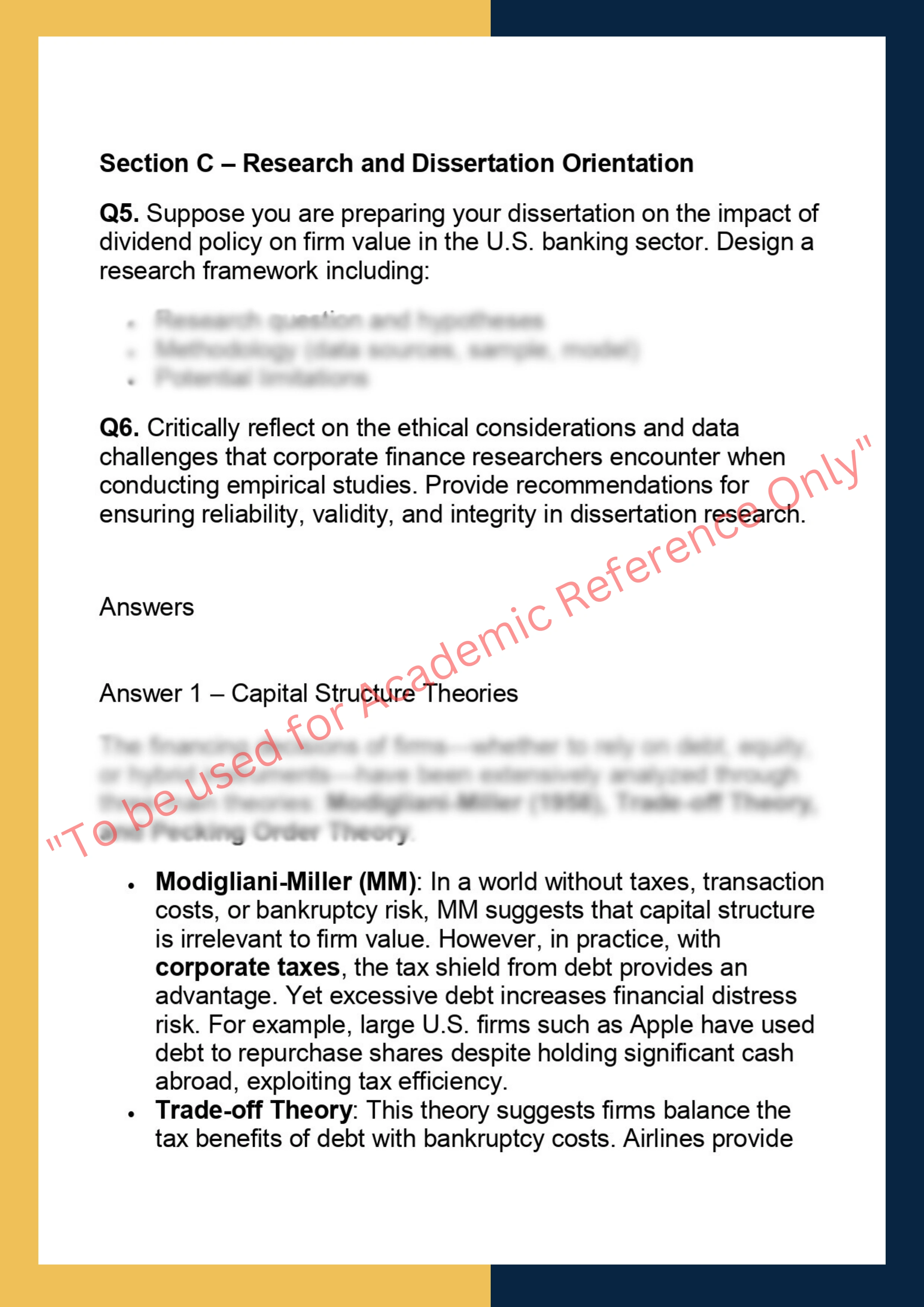 FINM7400 – Corporate Finance Dissertation 1