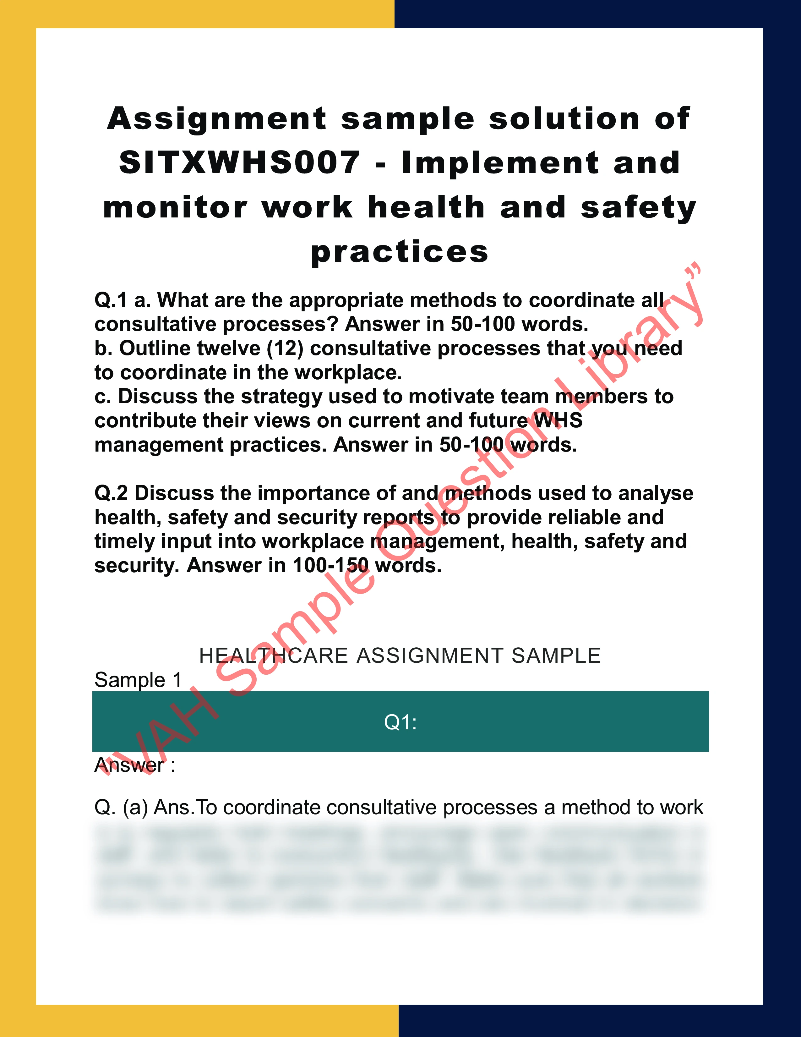 Assignment sample solution of SITXWHS007 - Implement and monitor work health and safety practices 0