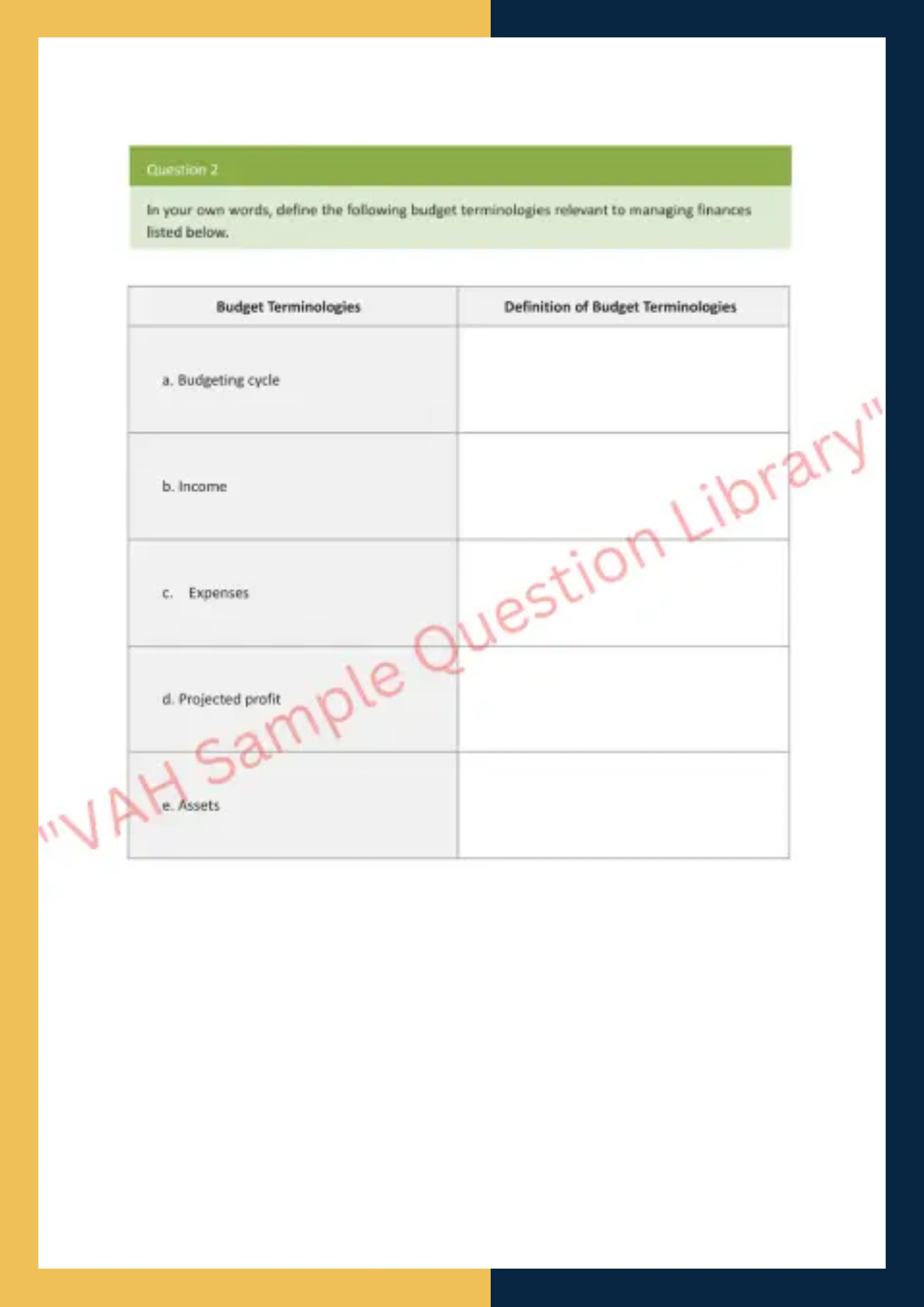 Assignment Question Sample of SITXFIN010 - Prepare and Monitor Budgets 2