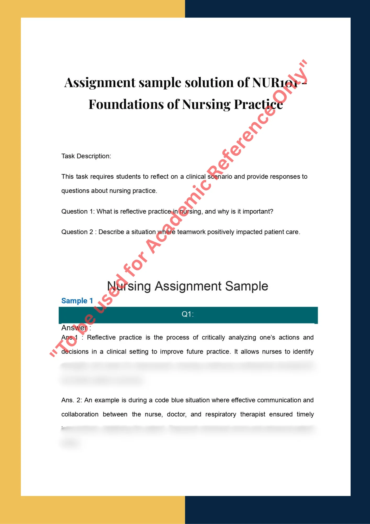 Assignment sample solution of NUR101 - Foundations of Nursing Practice 0