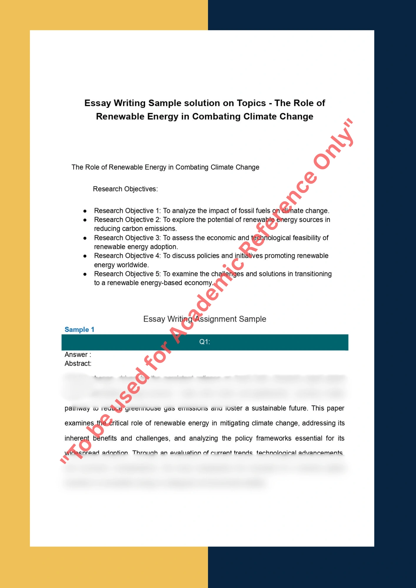 Essay Writing Sample solution on Topics - The Role of Renewable Energy in Combating Climate Change 0