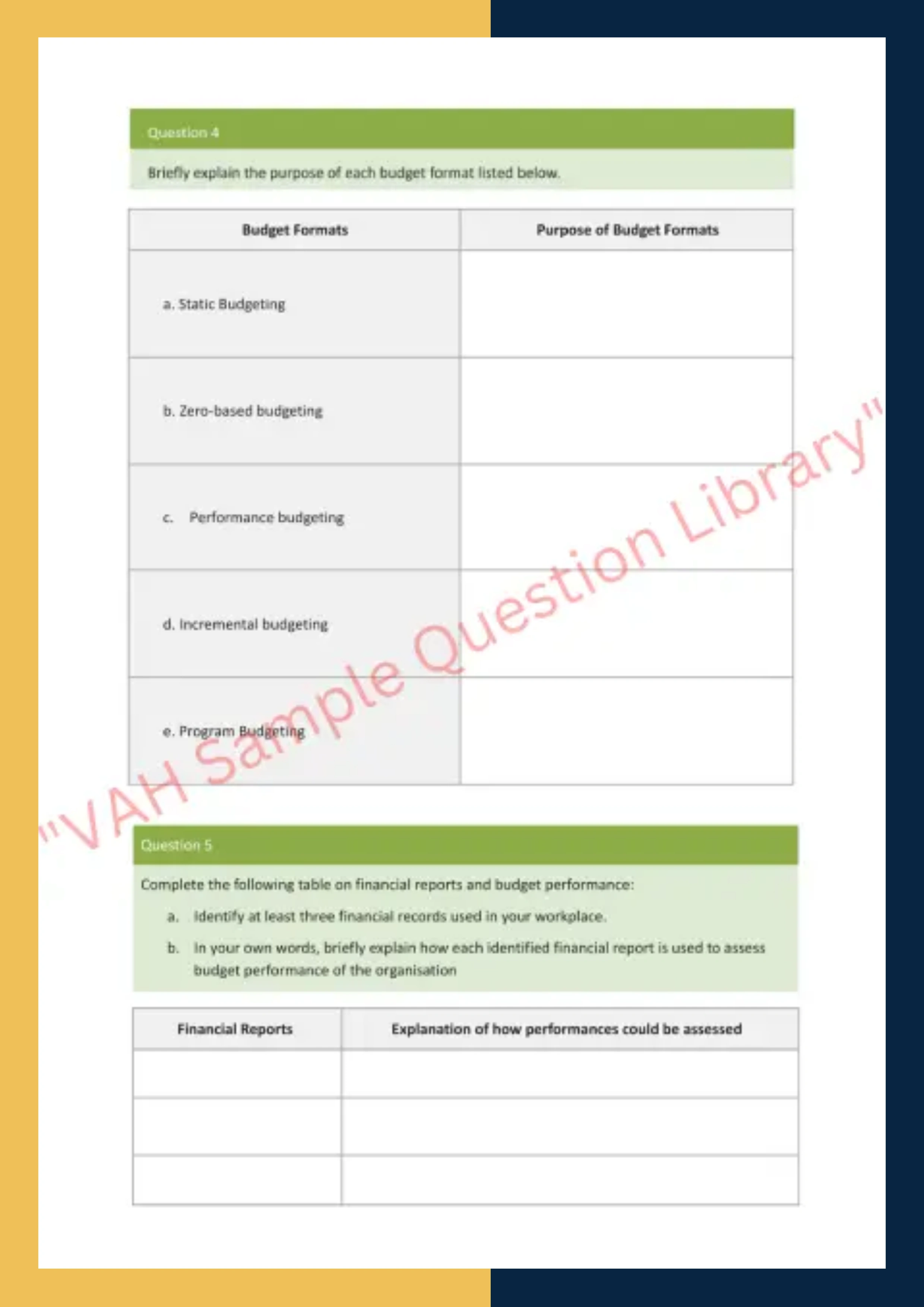 Assignment Question Sample of SITXFIN010 - Prepare and Monitor Budgets 4