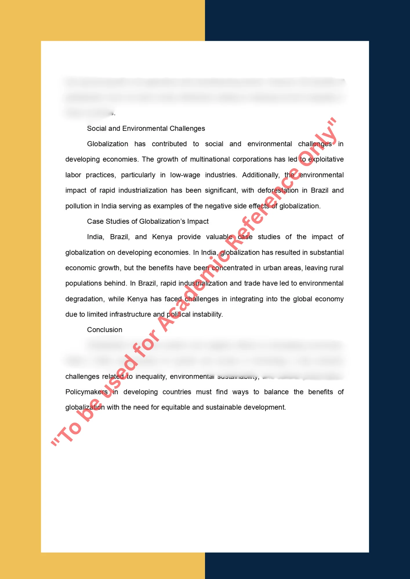 Essay Writing Sample solution for ECON305 - The Impact of Globalization on Developing Economies 1