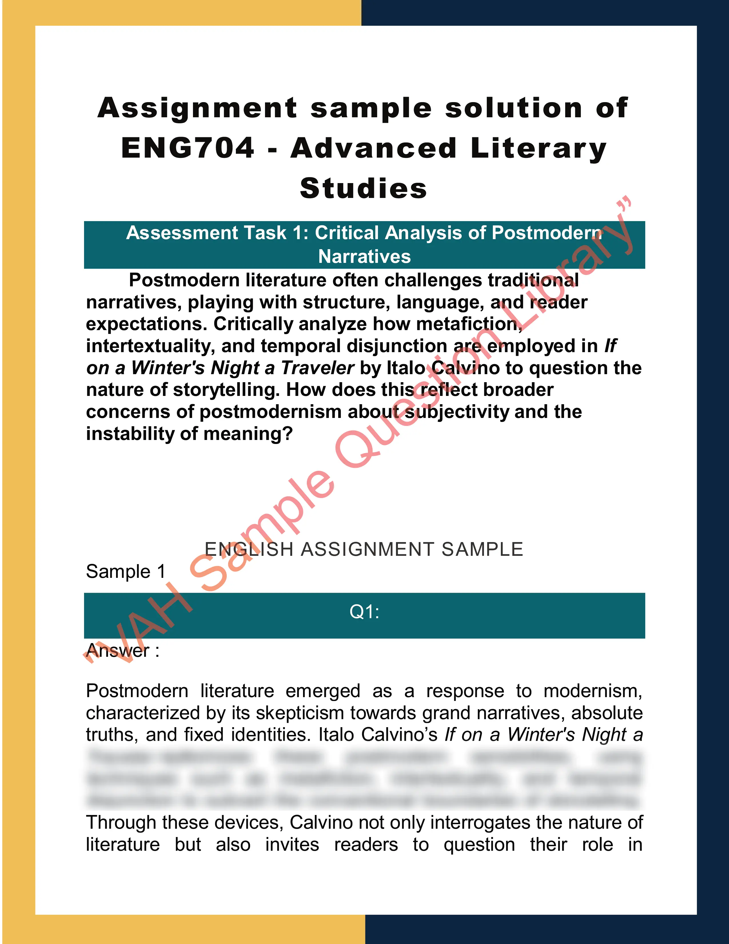 Assignment sample solution of ENG704 - Advanced Literary Studies 0