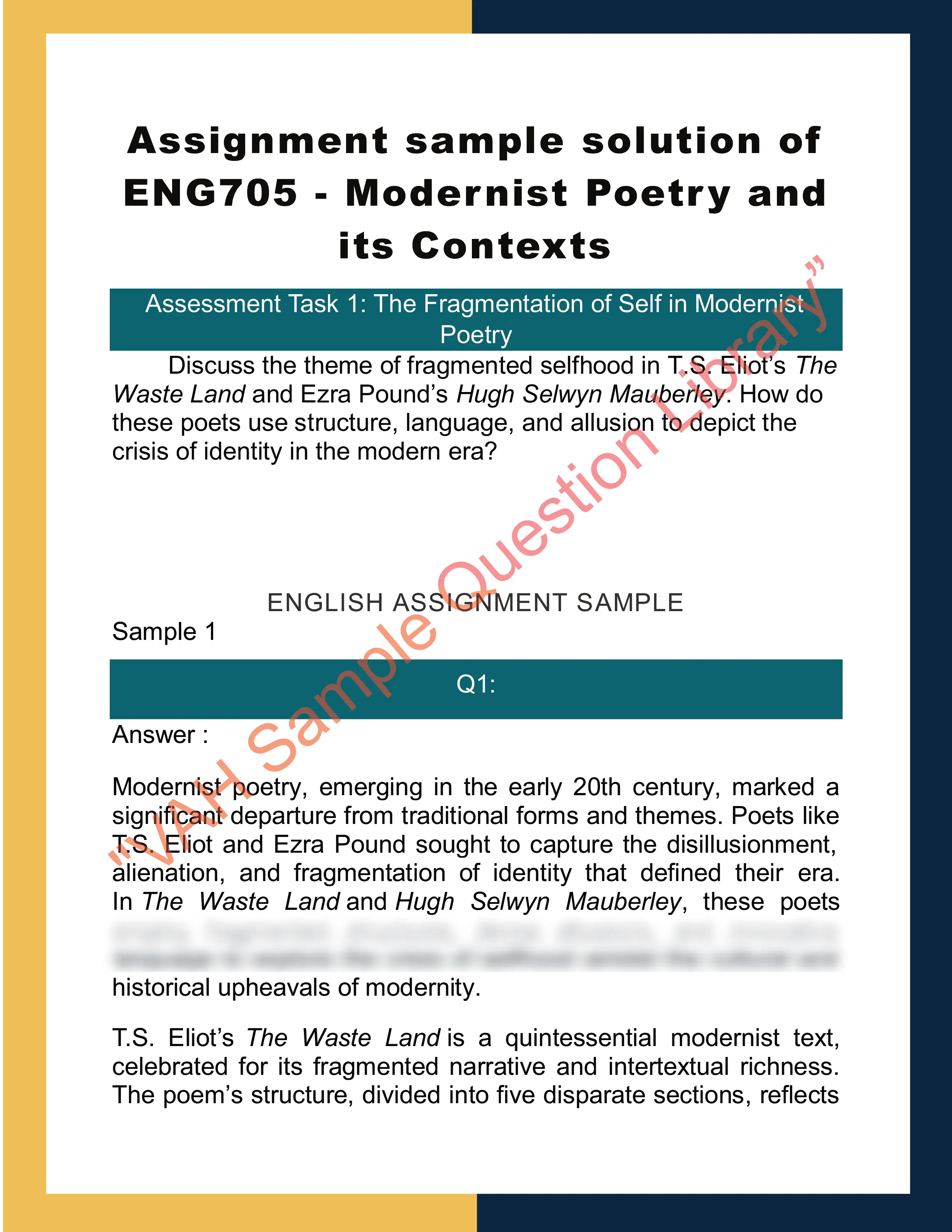 Assignment sample solution of ENG705 - Modernist Poetry and its Contexts 0