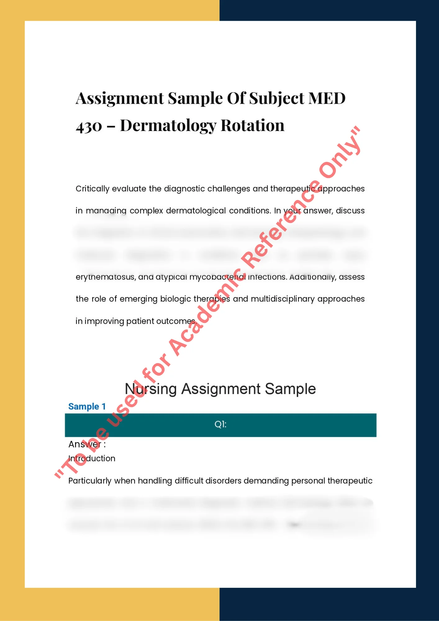 Assignment Sample Of Subject MED 430 – Dermatology Rotation 0