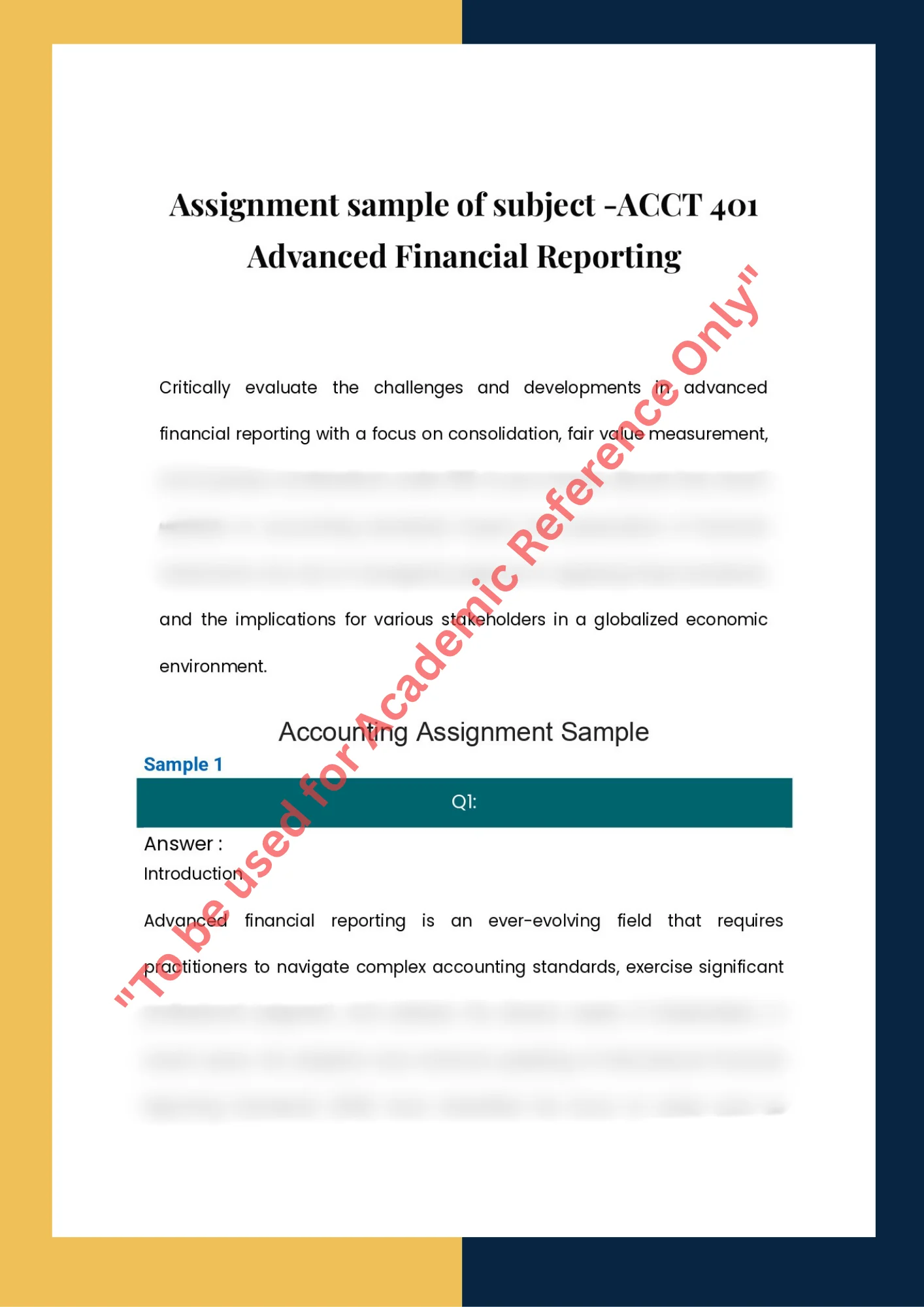 Assignment sample of subject -ACCT 401 Advanced Financial Reporting 0