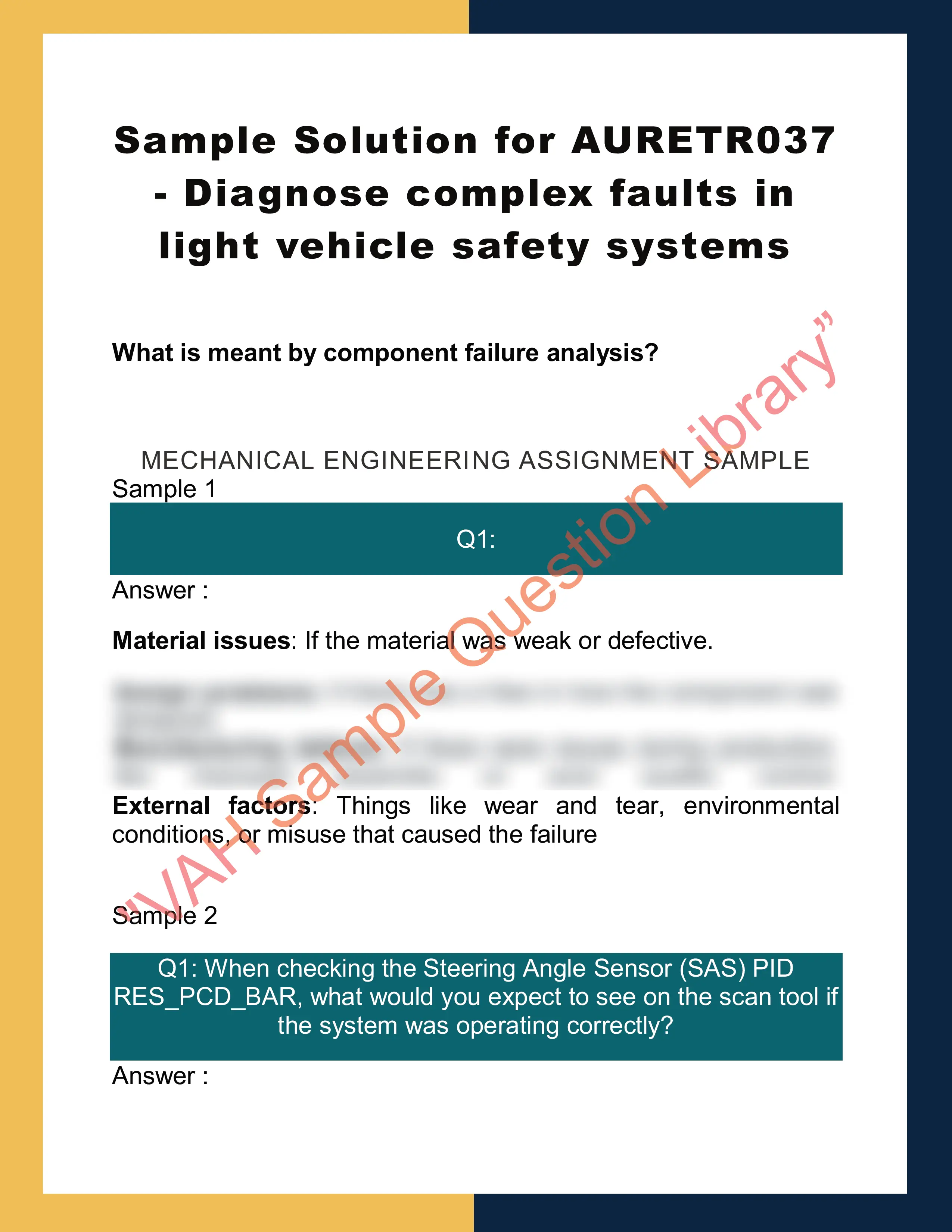 Sample Solution for AURETR037 - Diagnose complex faults in light vehicle safety systems 0