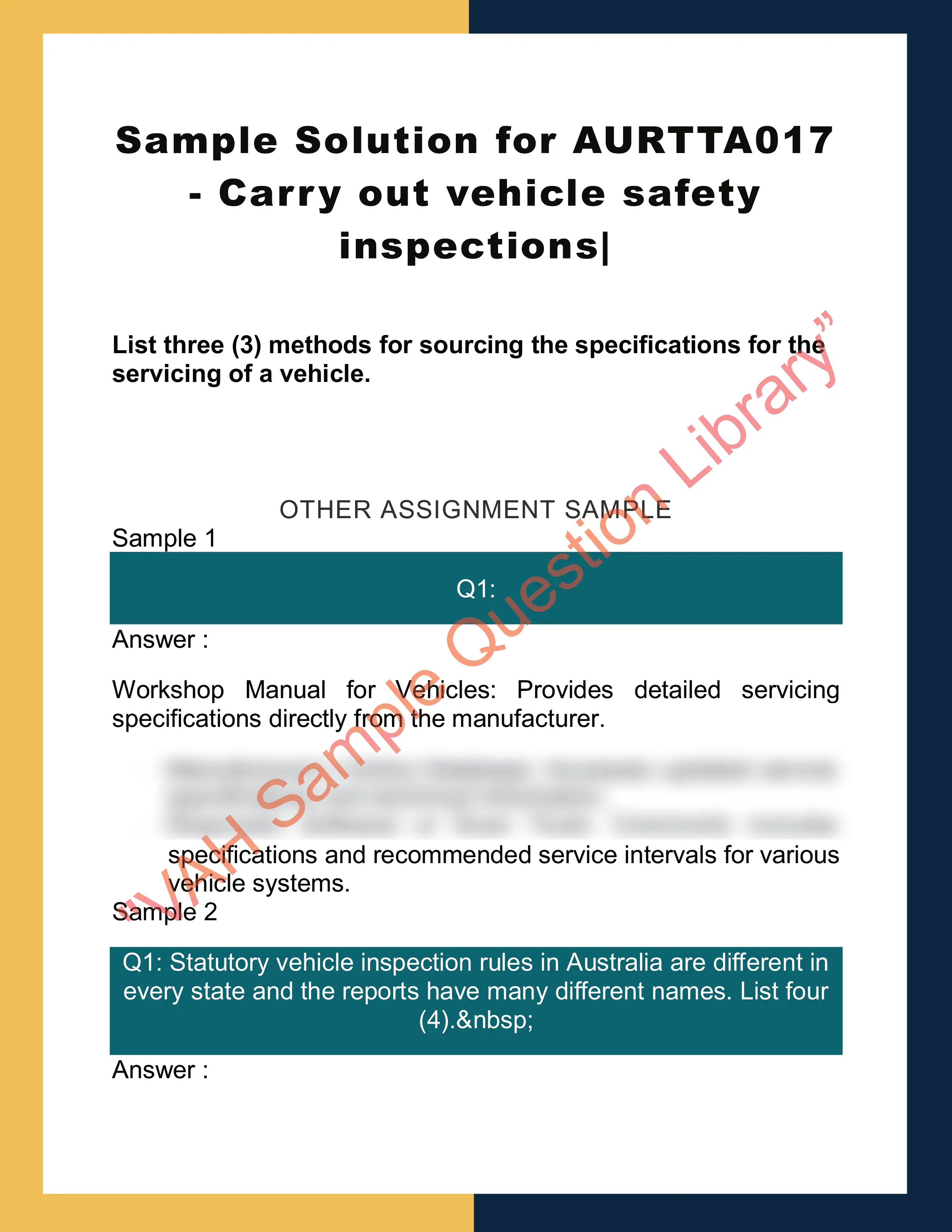 Sample Solution for AURTTA017 - Carry out vehicle safety inspections| 0