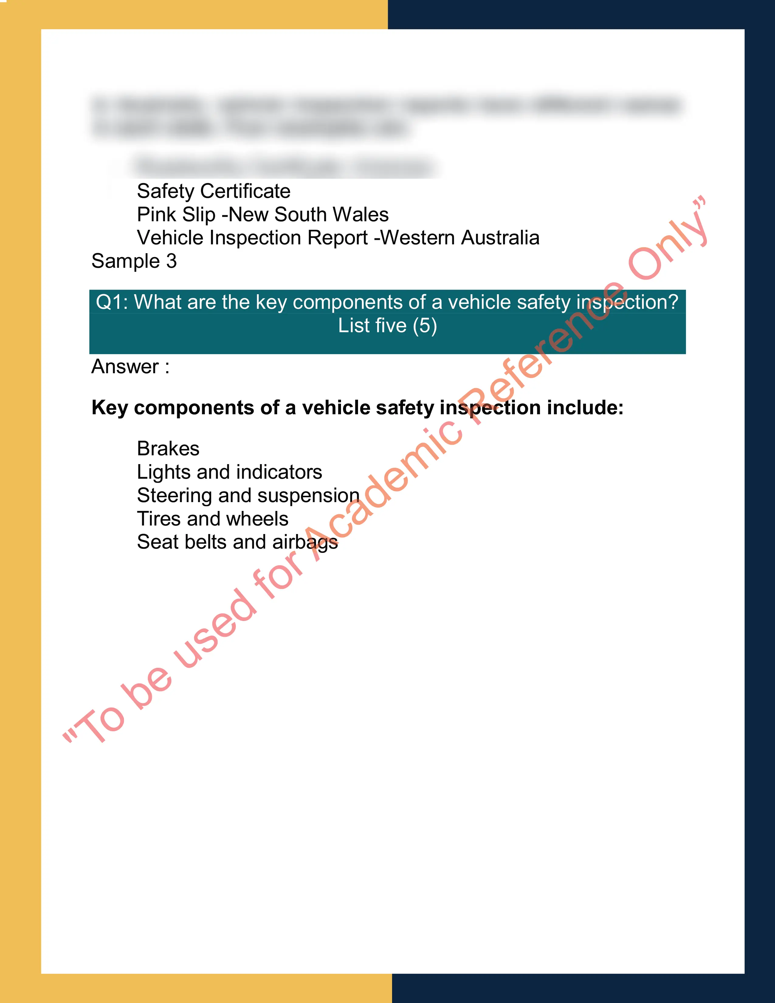 Sample Solution for AURTTA017 - Carry out vehicle safety inspections| 1