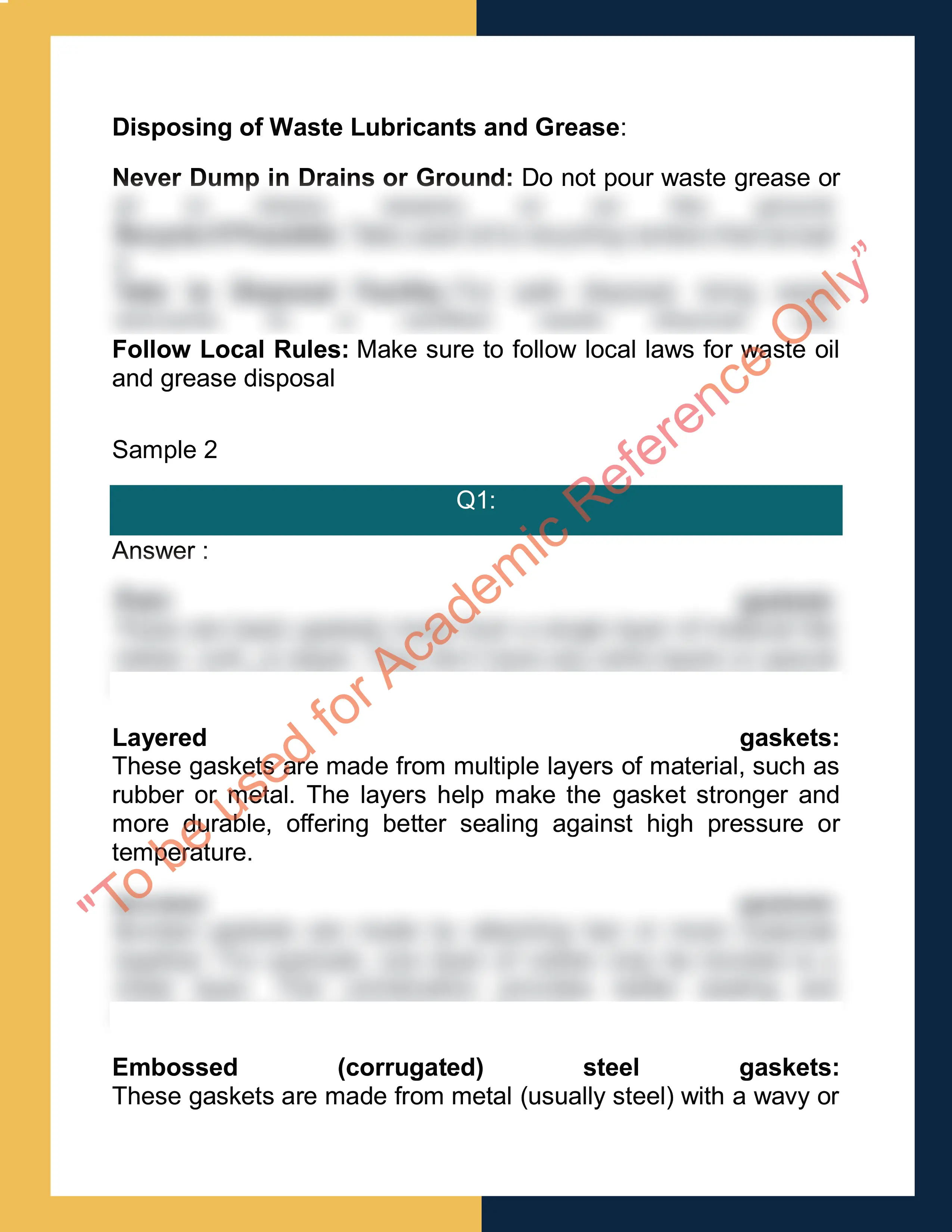 Sample Solution for AURTTA105 - Select and use bearings, seals, gaskets, sealants and adhesives 1