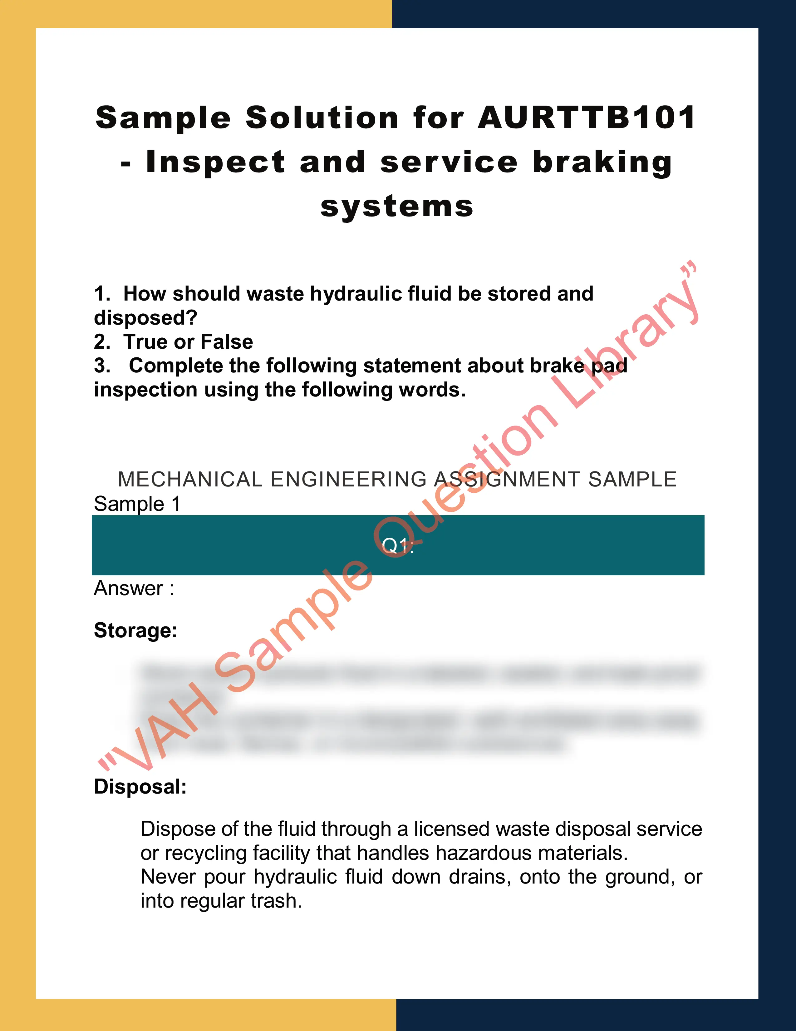 Sample Solution for AURTTB101 - Inspect and service braking systems 0