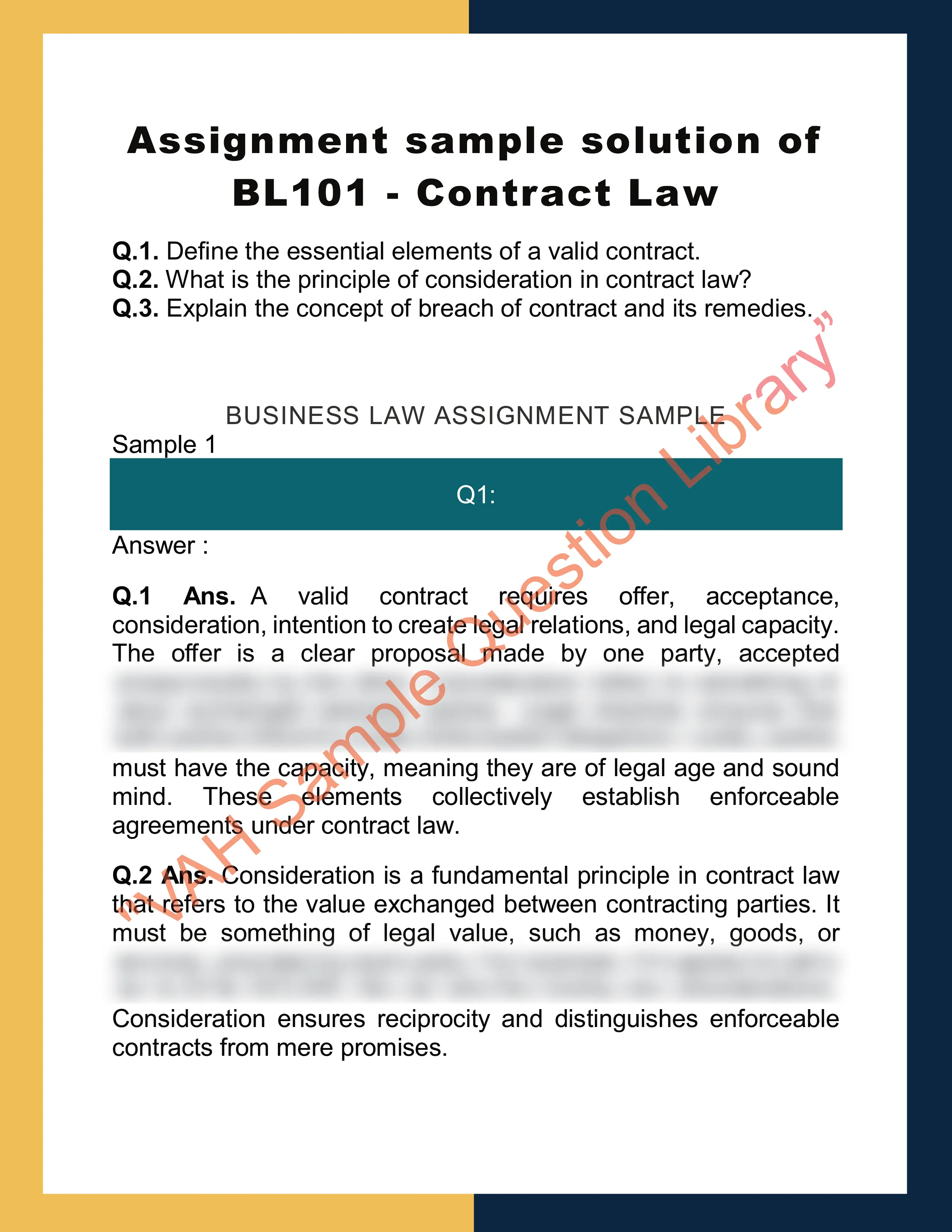 Assignment sample solution of BL101 - Contract Law 0