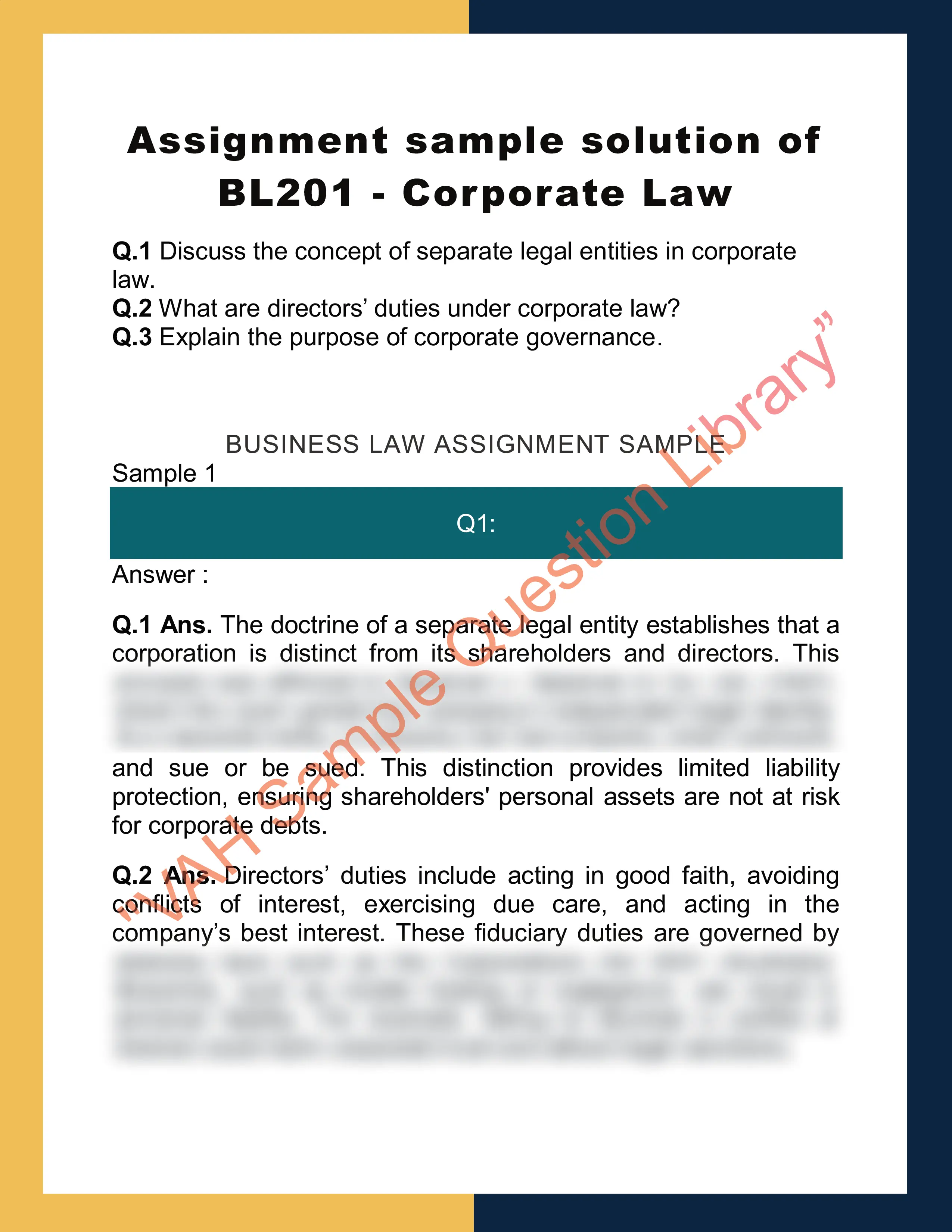 Assignment sample solution of BL201 - Corporate Law 0