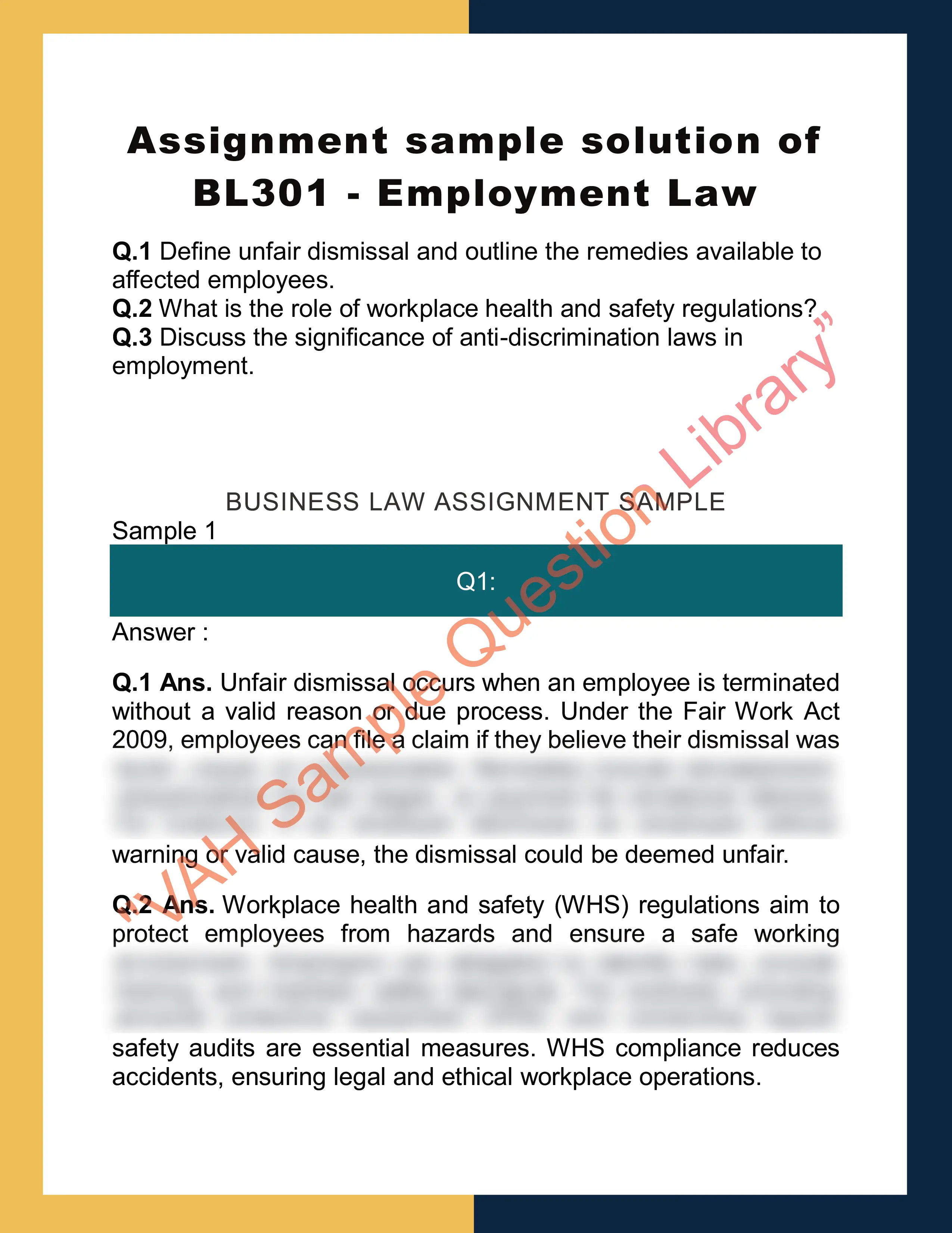 Assignment sample solution of BL301 - Employment Law 0